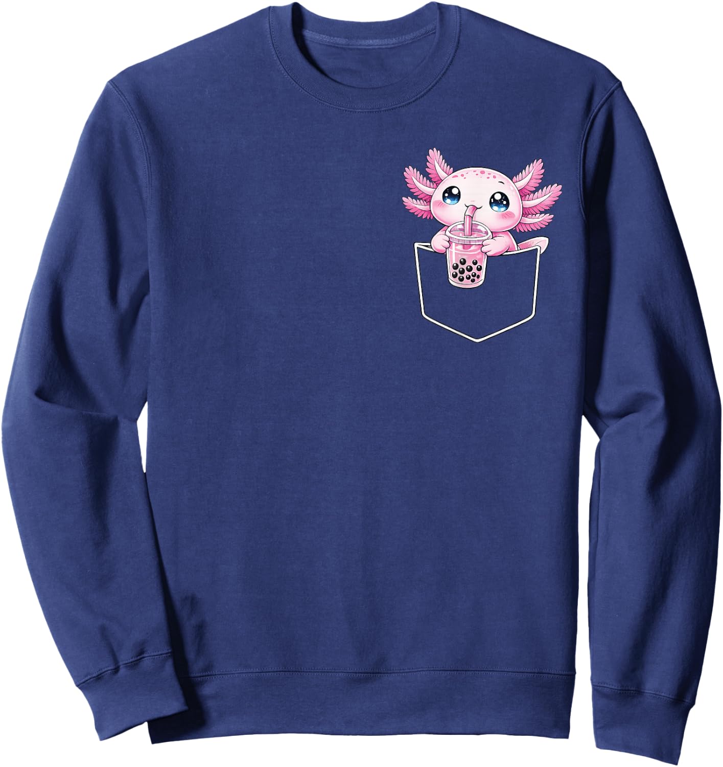 Kawaii Cute Axolotl Pocket Boba Bubble Tea Women Girls Kids Sweatshirt - Sweatshirt | Navy