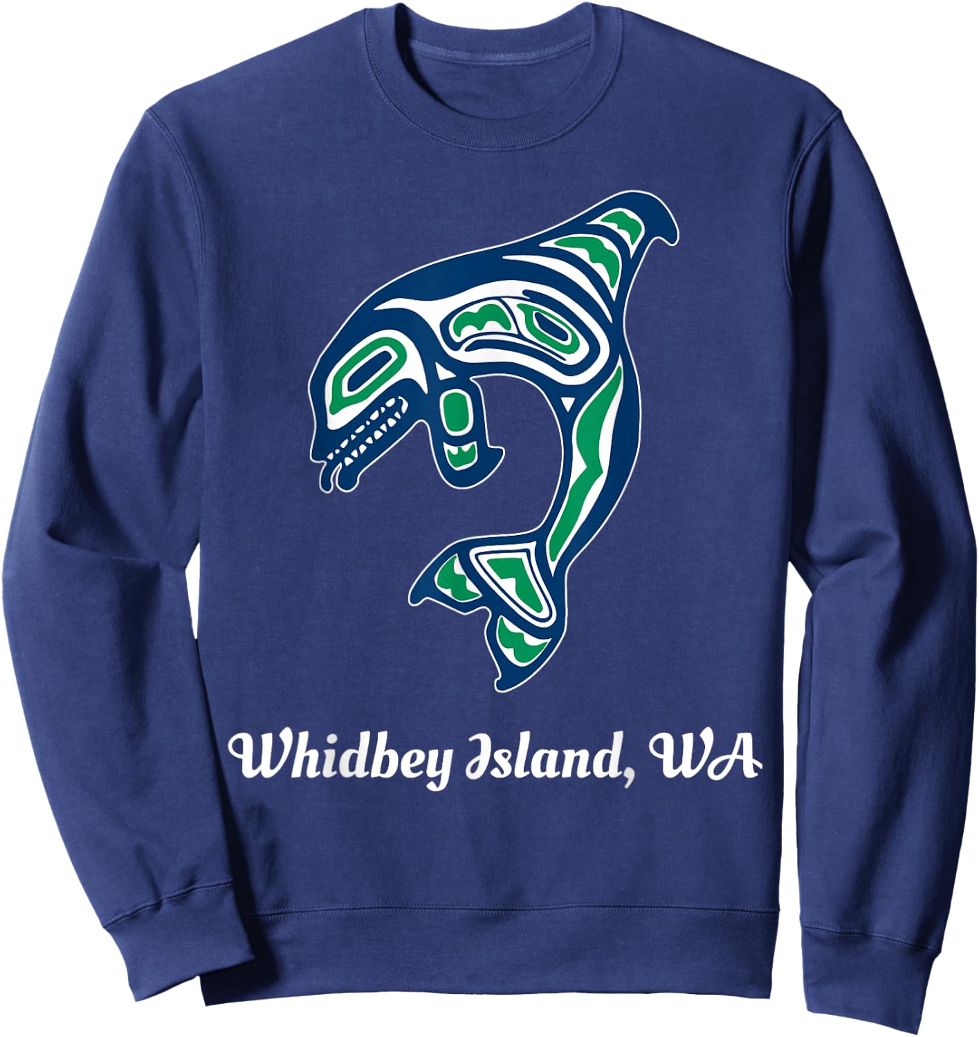 Green Native American Whidbey Island WA Killer Whale Sweatshirt - Sweatshirt | Navy