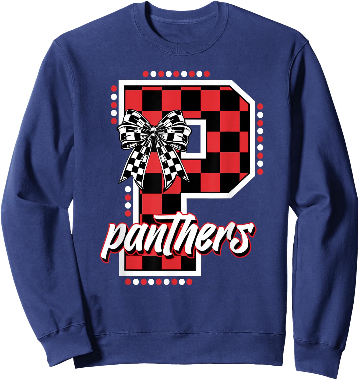 Panthers Checkered Print Letter Coquette Bow School Spirit Sweatshirt - Sweatshirt | Navy