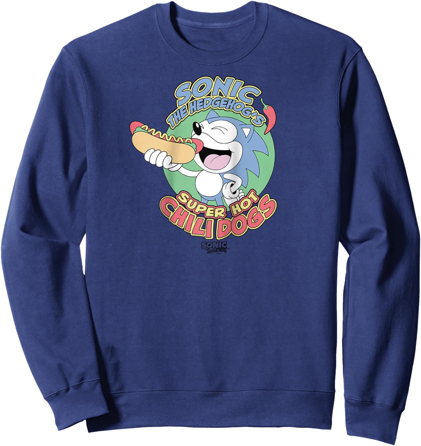 Sonic The Hedgehog Super Hot Chili Dogs Retro Ad Raglan Baseball Sweatshirt - Sweatshirt | Navy