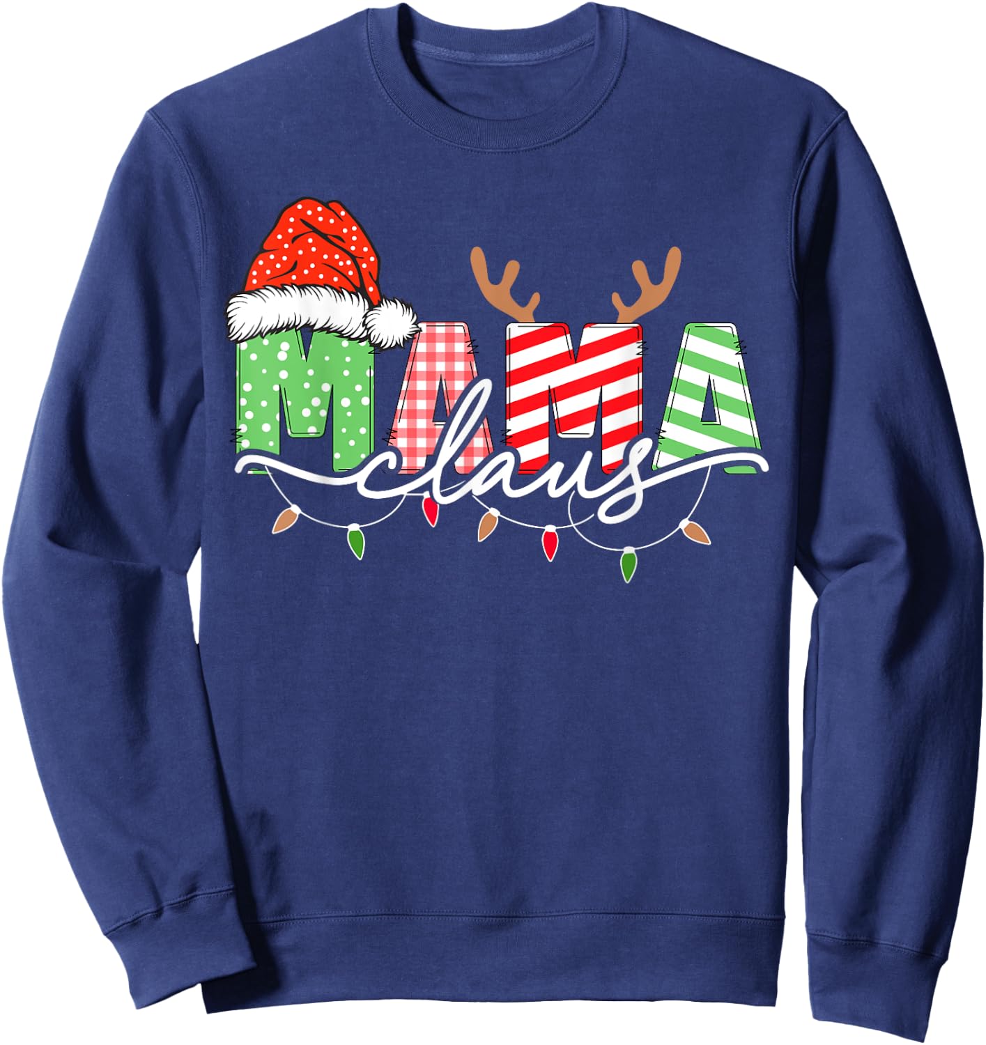 Mama Claus Xmas Christmas Lights Pajama Family Matching Sweatshirt - Sweatshirt | Navy