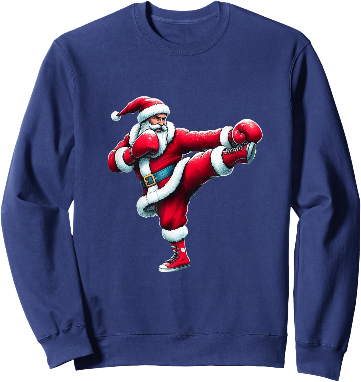 Santa Kickboxing Boxing Kicking Cool Sports Christmas Pajama Sweatshirt - Sweatshirt | Navy