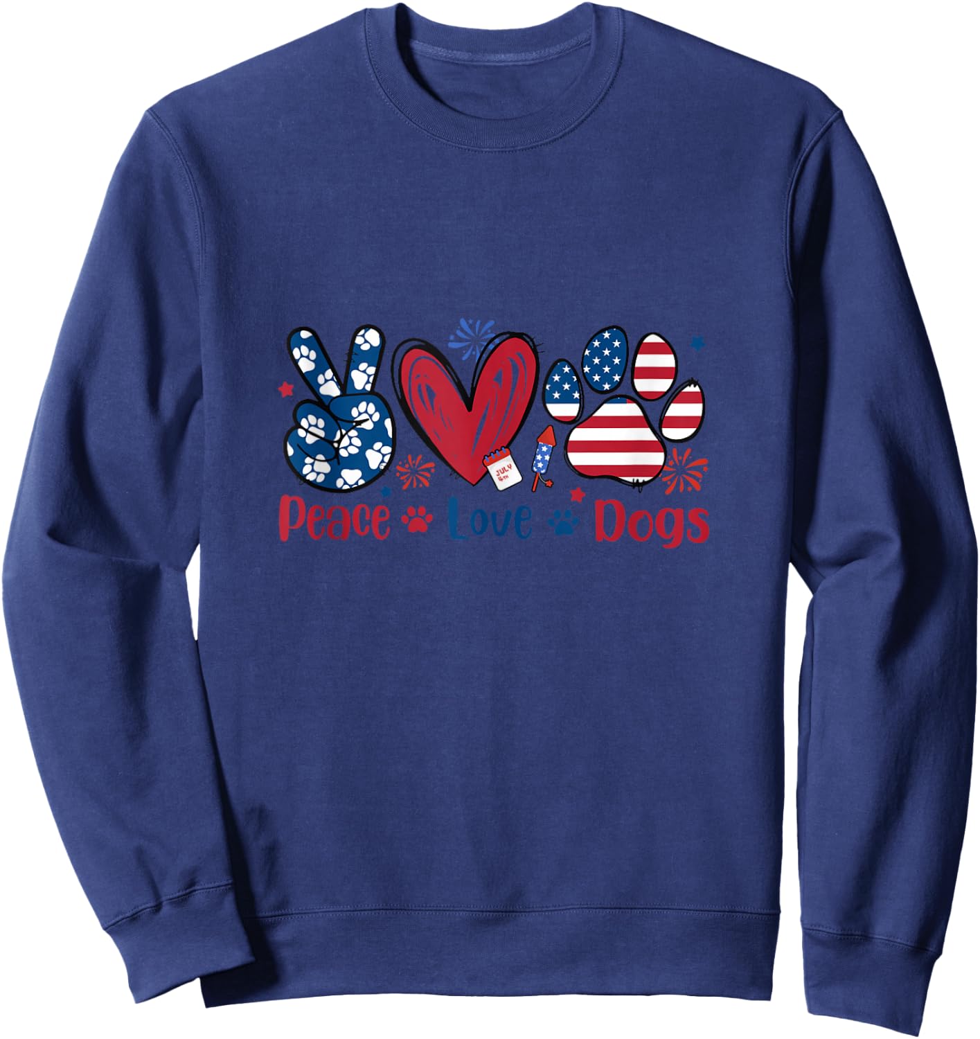 Peace Love Dog Cute Dog Paw Print American Flag 4th Of July Sweatshirt - Sweatshirt | Navy
