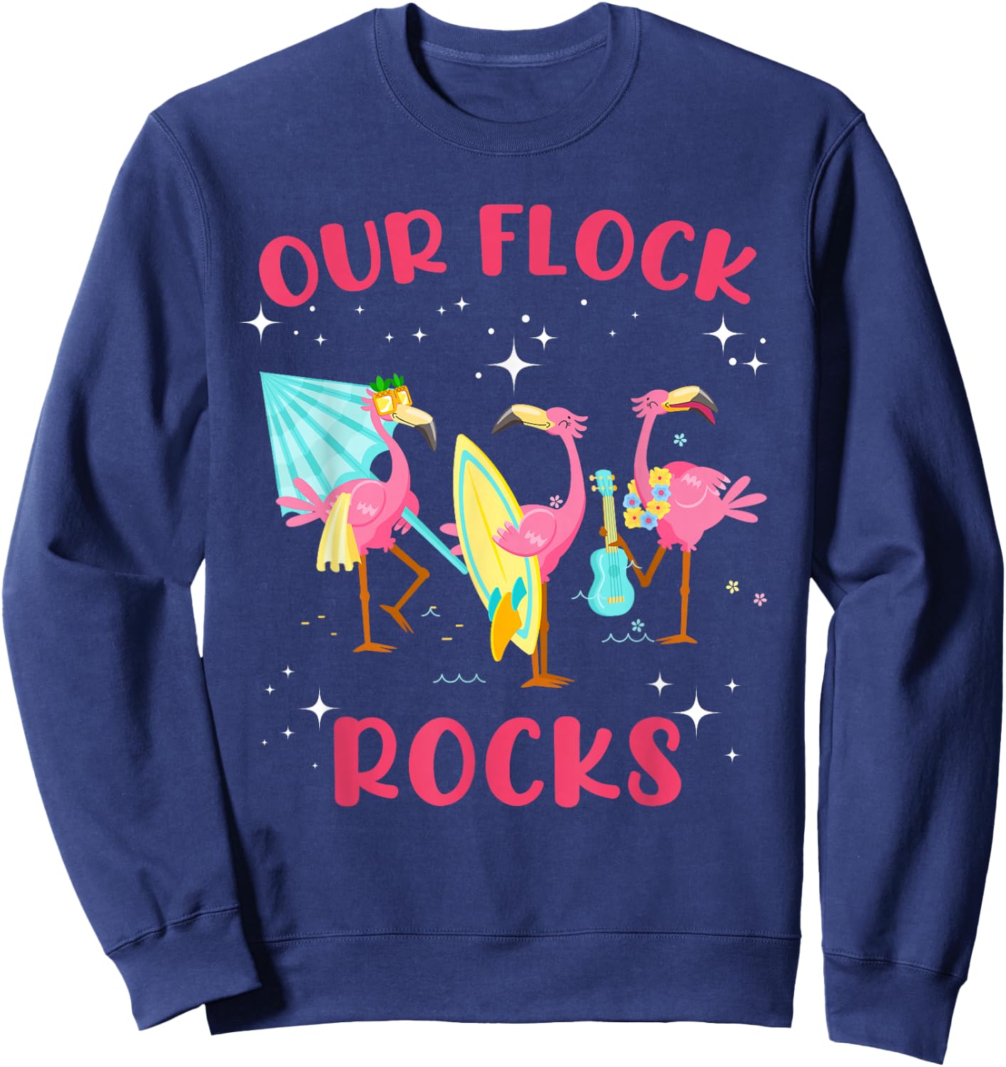 Our Flock Rocks Flamingo Matching Family Vacation Group Sweatshirt - Sweatshirt | Navy