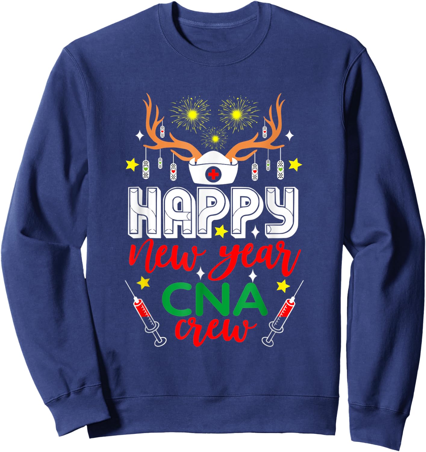 Funny Reindeer Horn Nurse Christmas Happy New Year CNA Crew Sweatshirt - Sweatshirt | Navy