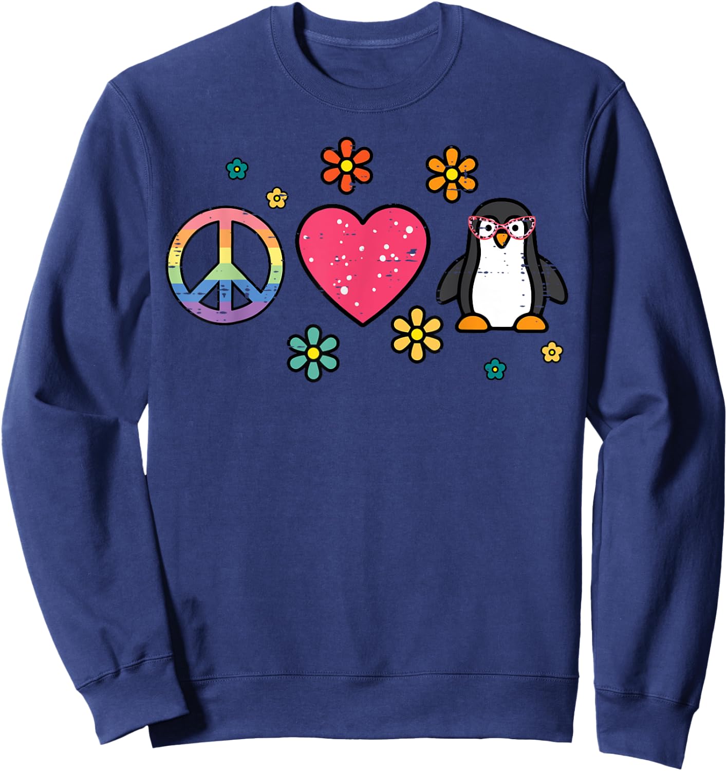 Peace Love Penguin Retro Groovy Hippie Women Girls Kids Men Sweatshirt - Sweatshirt | Navy