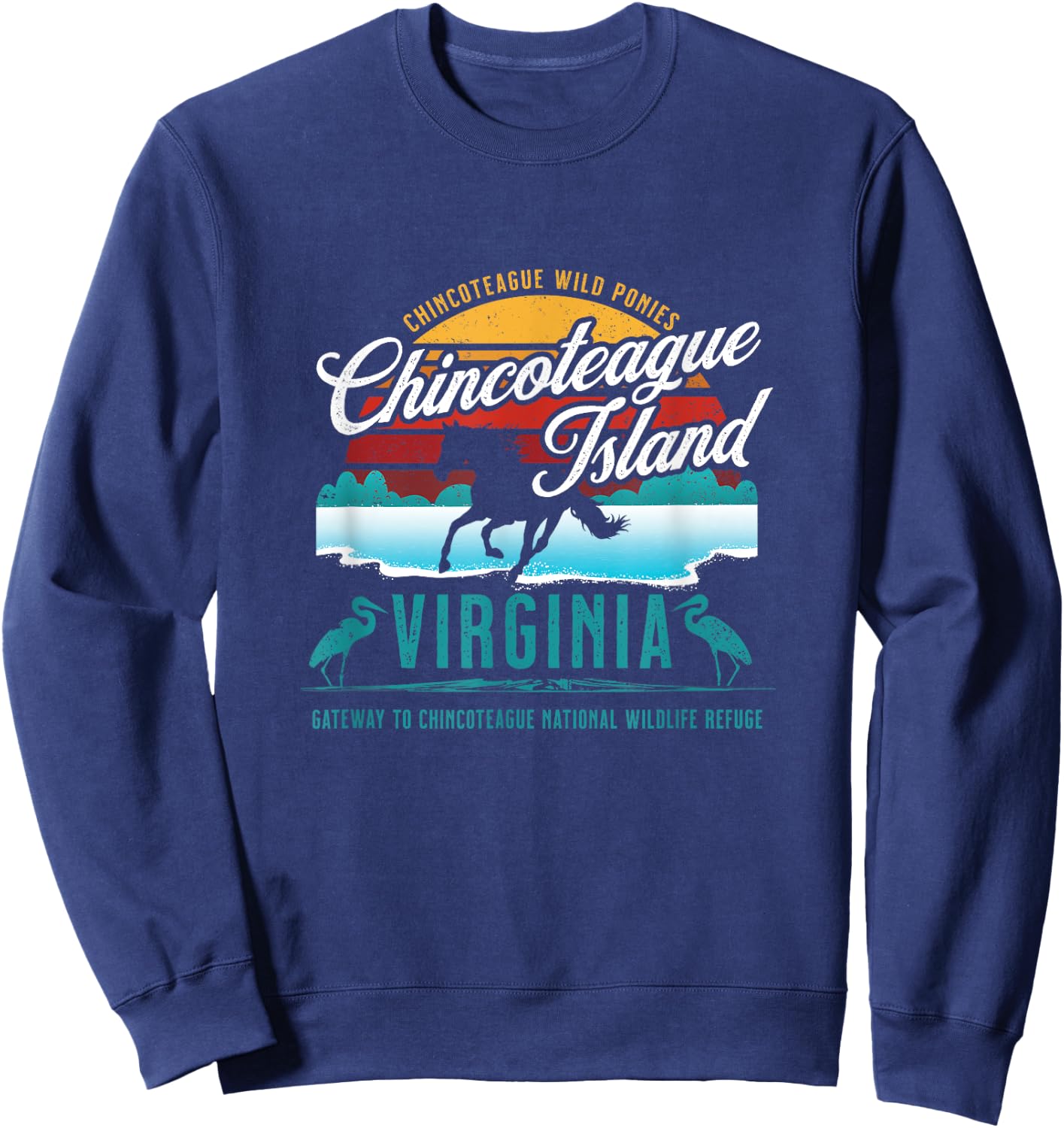 Chincoteague Island Virginia Wild Ponies Retro Sun Souvenir Sweatshirt - Sweatshirt | Navy
