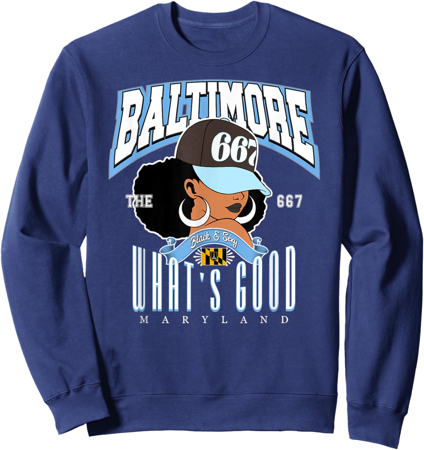 667 Baltimore, the reigning Afro Puff Queen of Maryland , Purple, S Sweatshirt - Sweatshirt | Navy