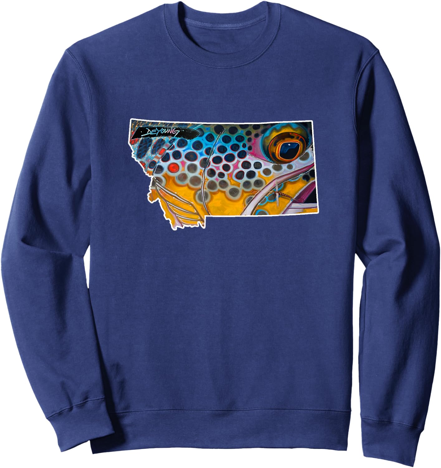 Montana shape Brown Trout Fish Derek DeYoung Art Sweatshirt - Sweatshirt | Navy