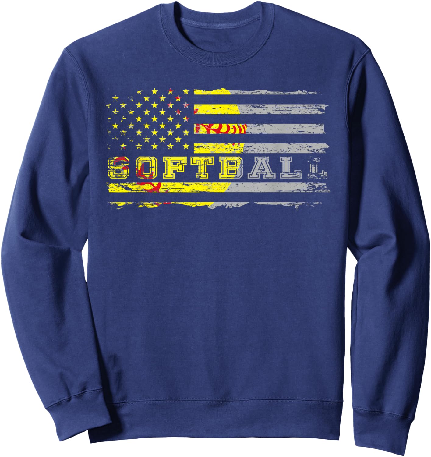 American Flag Softball Fan Team Distressed Gift Women Girls Kids Men Sweatshirt - Sweatshirt | Navy
