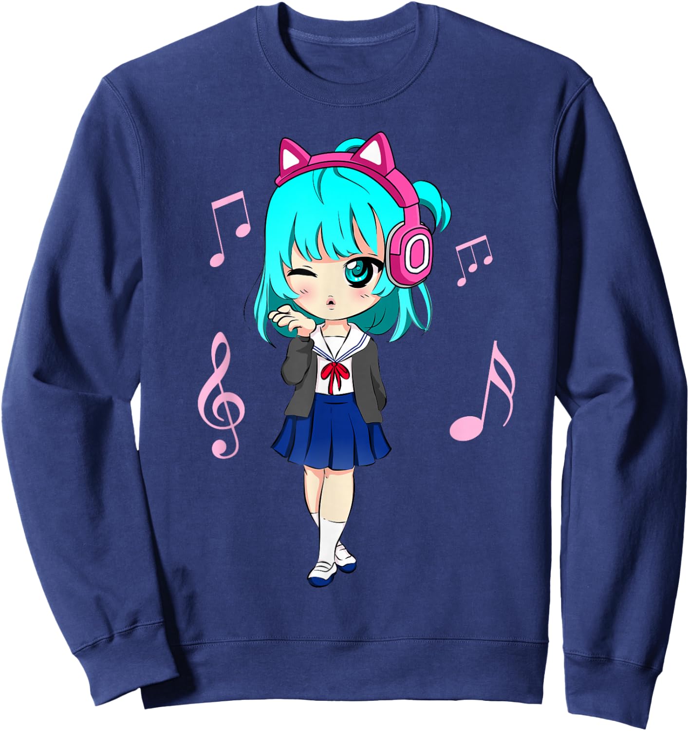 Funny Anime and Music Girl for Teen Chibi Graphic Anime Girl Small Sweatshirt - Sweatshirt | Navy