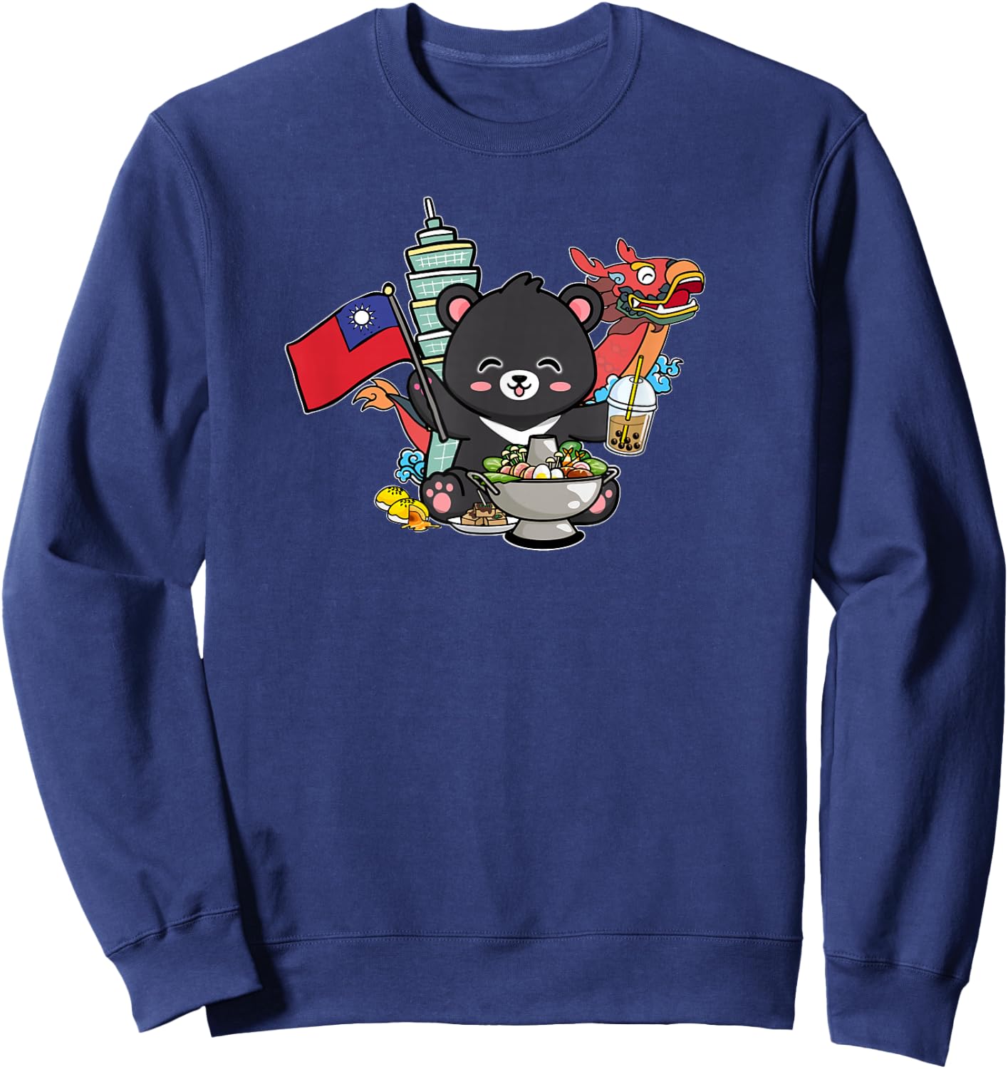 Kawaii Hot Pot Boba Bear Taiwan Flag Travel Sweatshirt - Sweatshirt | Navy