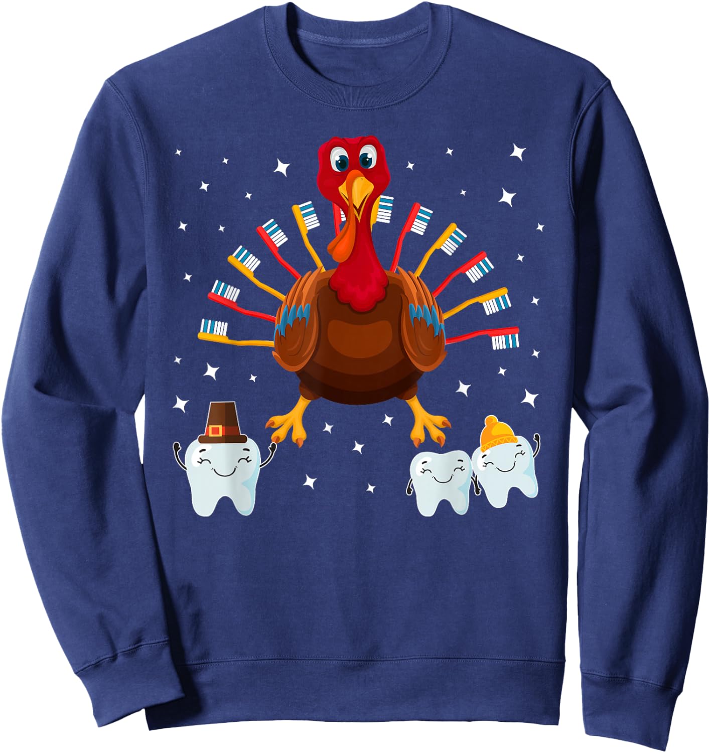 Happy Thanksgiving Cute Turkey Teeth Toothbrush Dental Sweatshirt - Sweatshirt | Navy