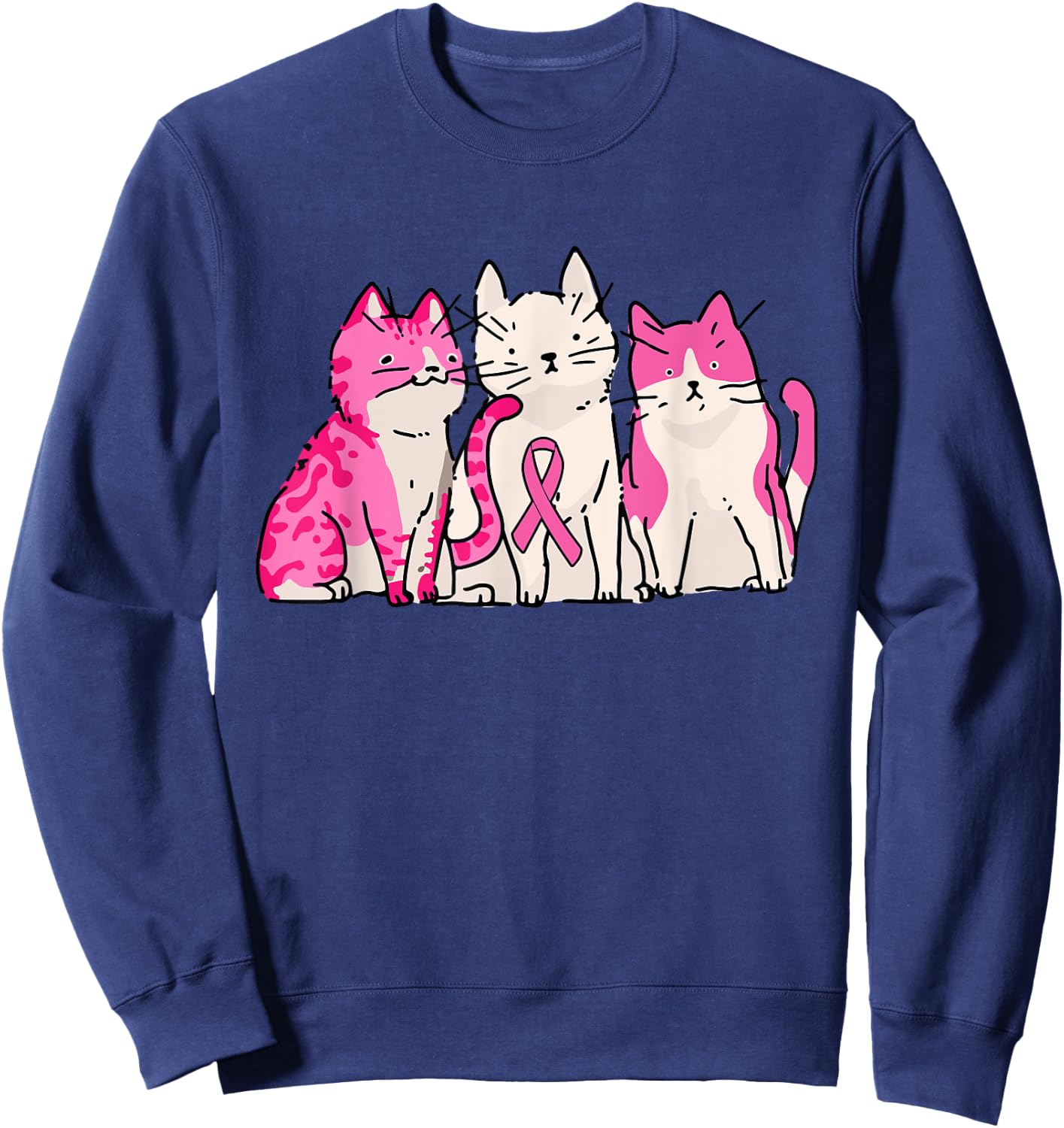 Cat Pink Ribbon Breast Cancer Awareness Cute Kitten Kitty Sweatshirt - Sweatshirt | Navy