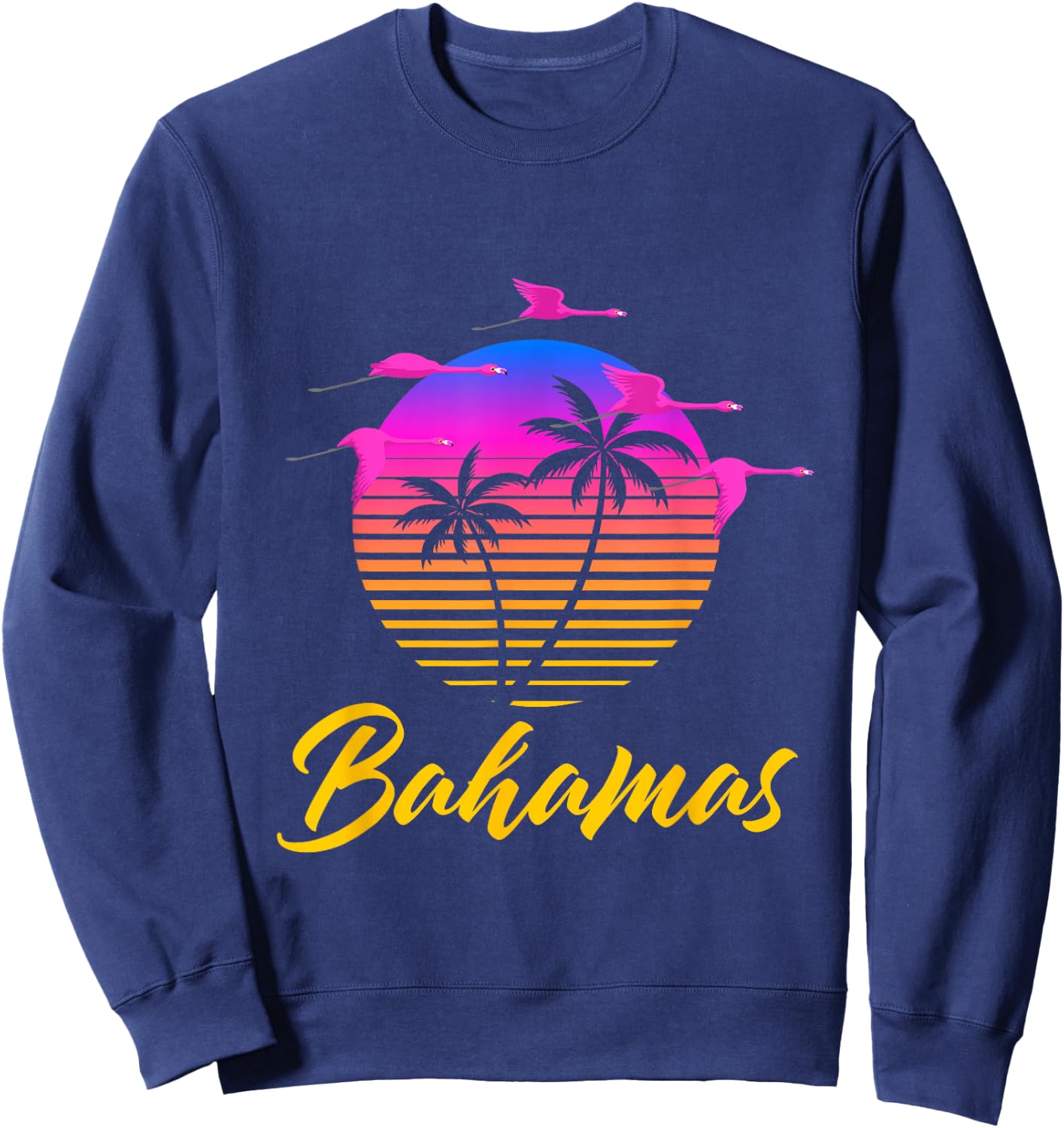 Bahamas Caribbean Retro Sunset Palm Tree Flamingo Vacation Sweatshirt - Sweatshirt | Navy