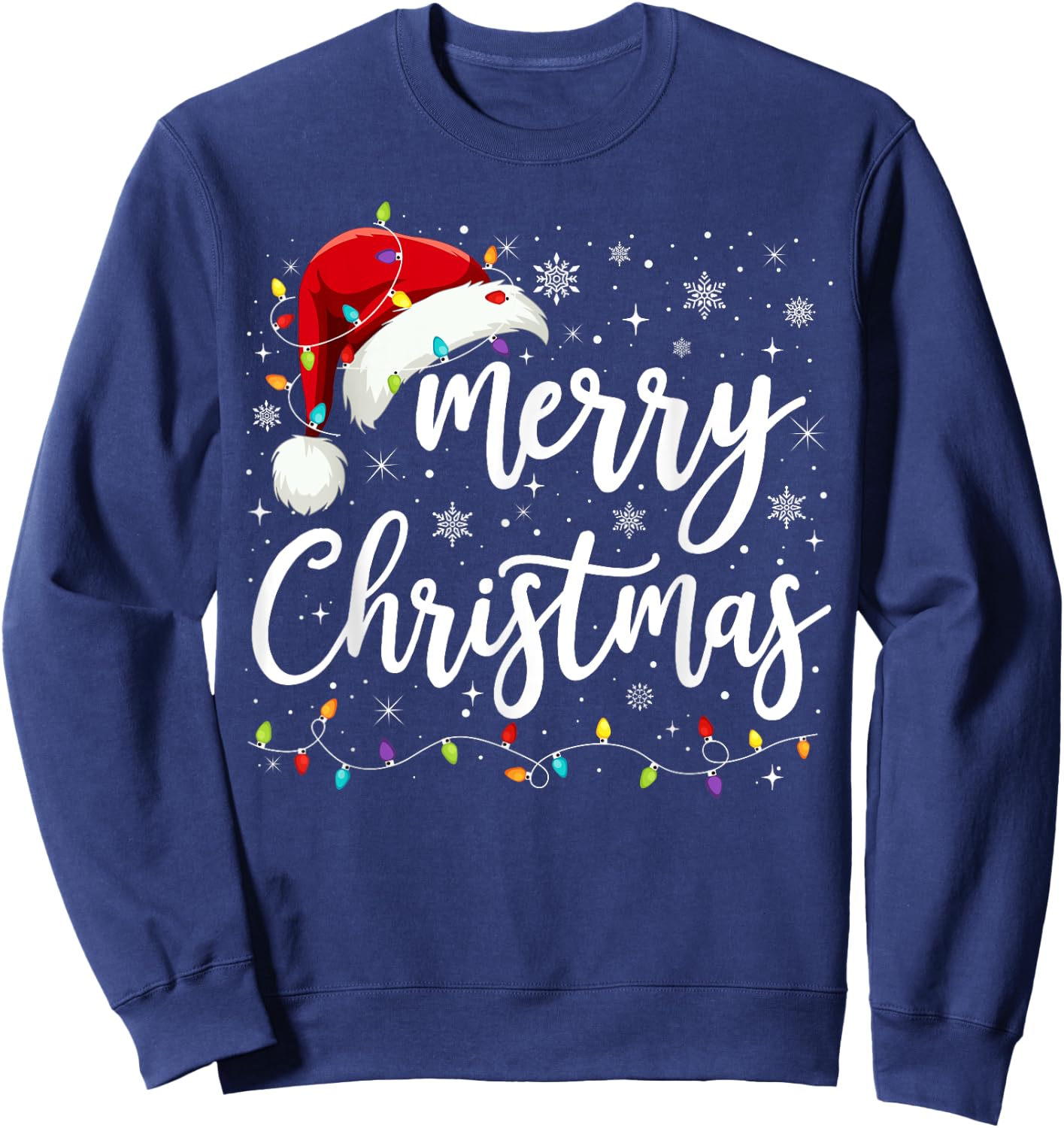 Merry Christmas Lights Red Santa Hat Xmas Family Men Women Sweatshirt - Sweatshirt | Navy