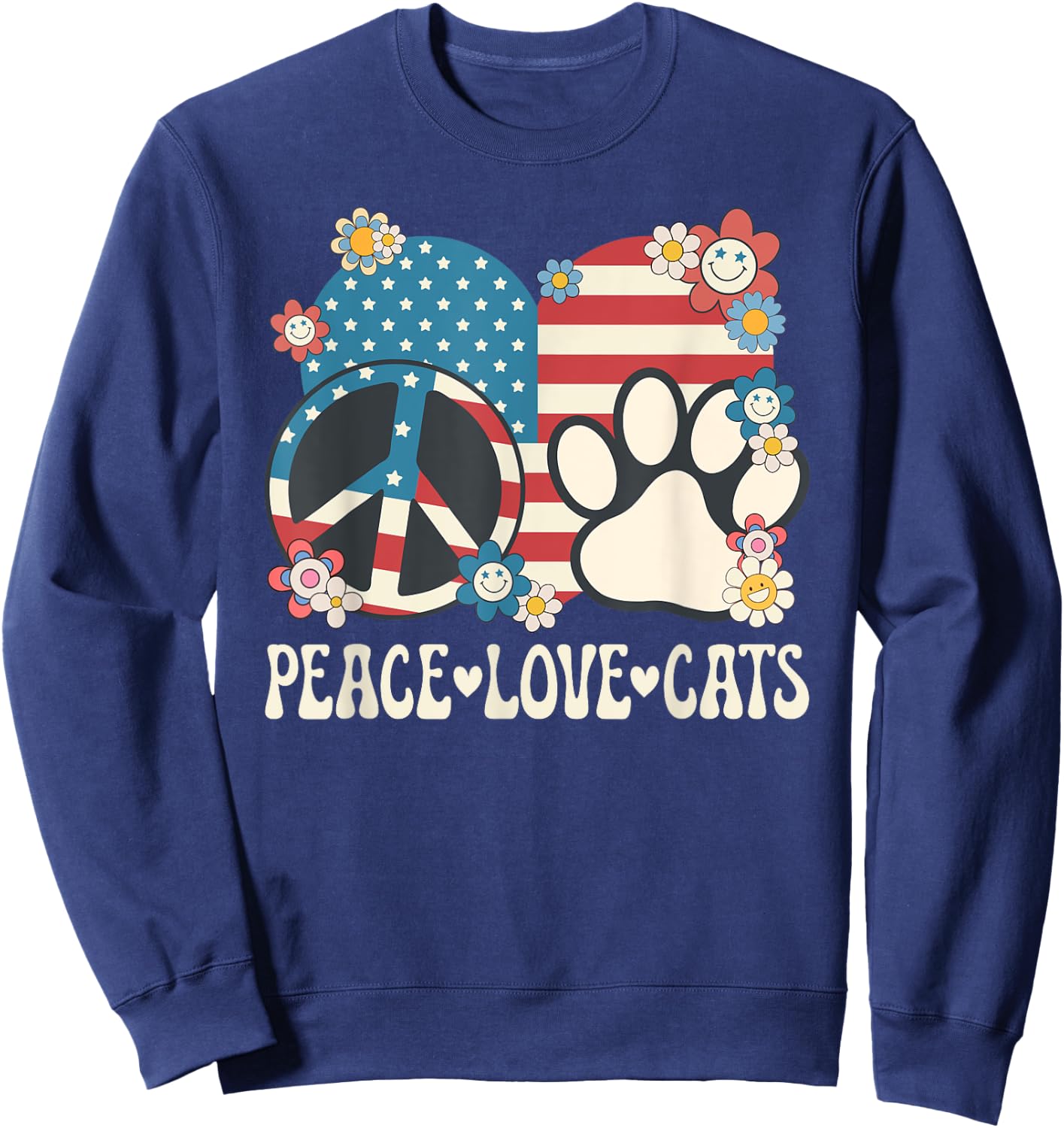Peace Love Cats American Flag Patriotic Cat Lover Retro Cat Women Girls Kids Sweatshirt - Sweatshirt | Navy