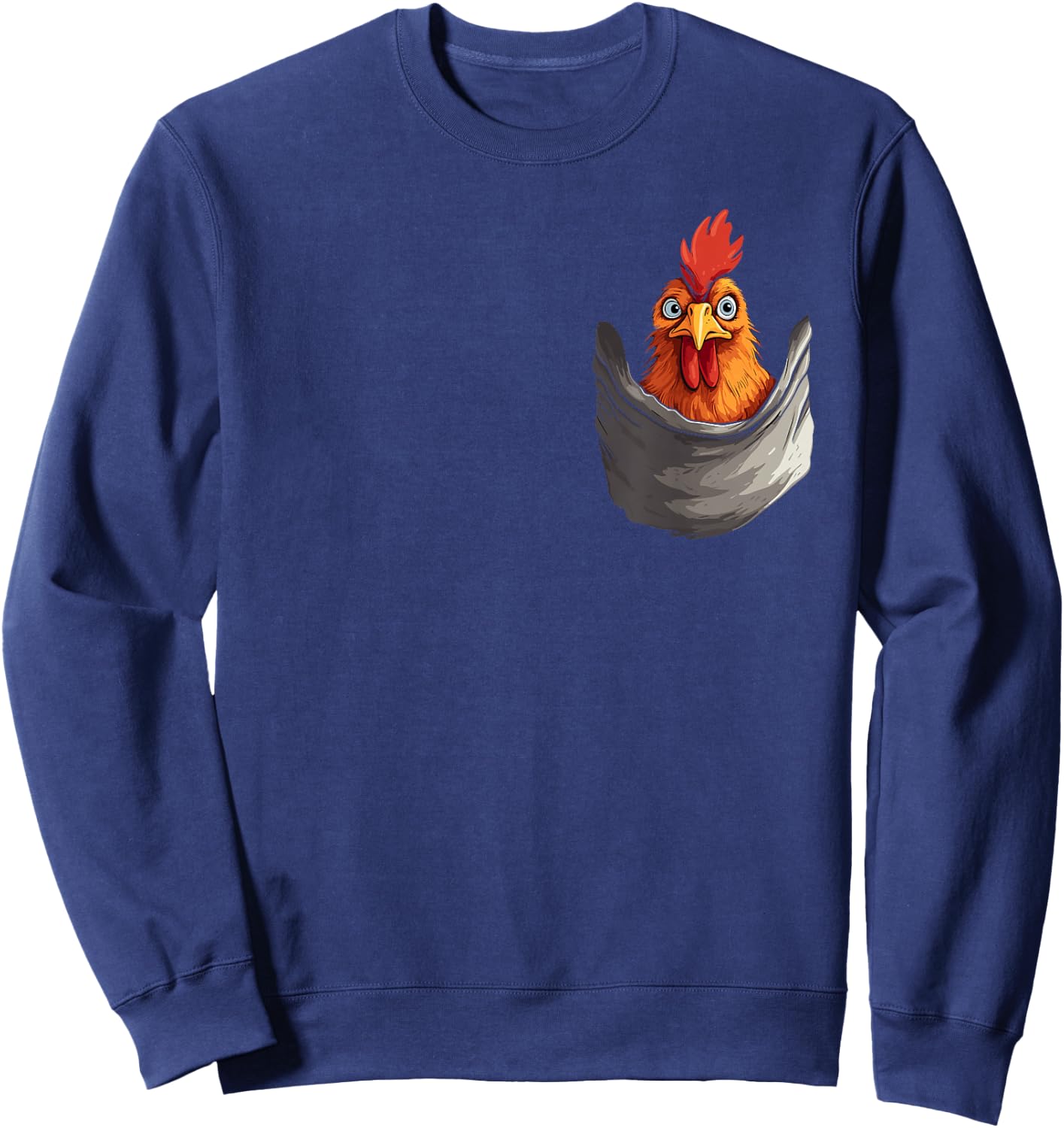 Fun print with hen in pocket, rooster, hen and farmer , Black, S Sweatshirt - Sweatshirt | Navy