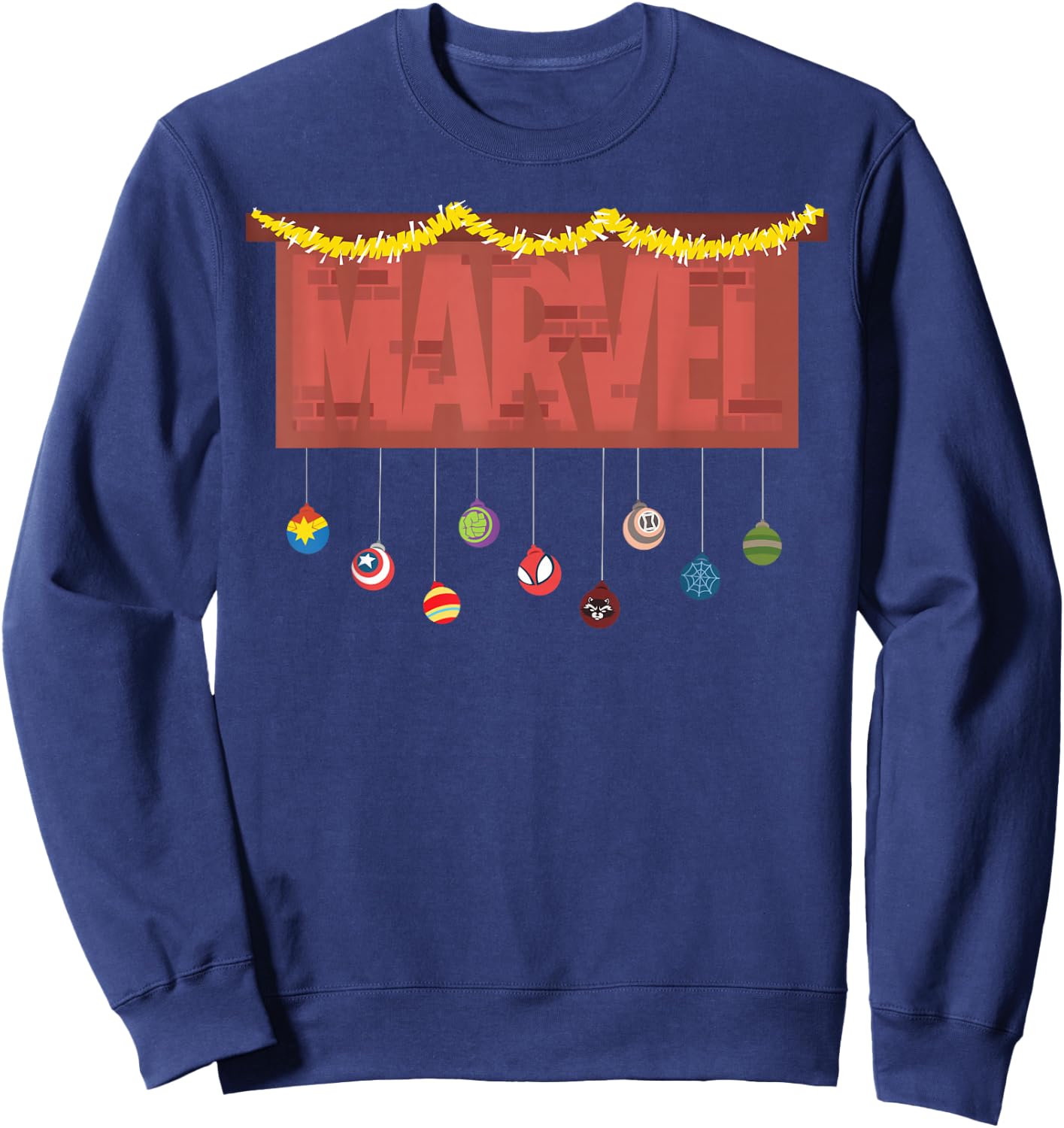 Marvel Logo Holiday Christmas Avengers Super Hero Ornaments Sweatshirt - Sweatshirt | Navy