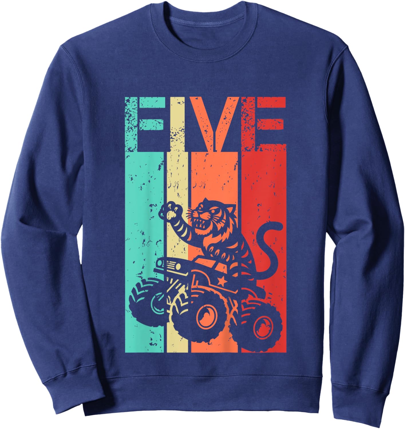 5th Birthday Boy Girl 5 Year Old Tiger And Monster Truck Sweatshirt - Sweatshirt | Navy