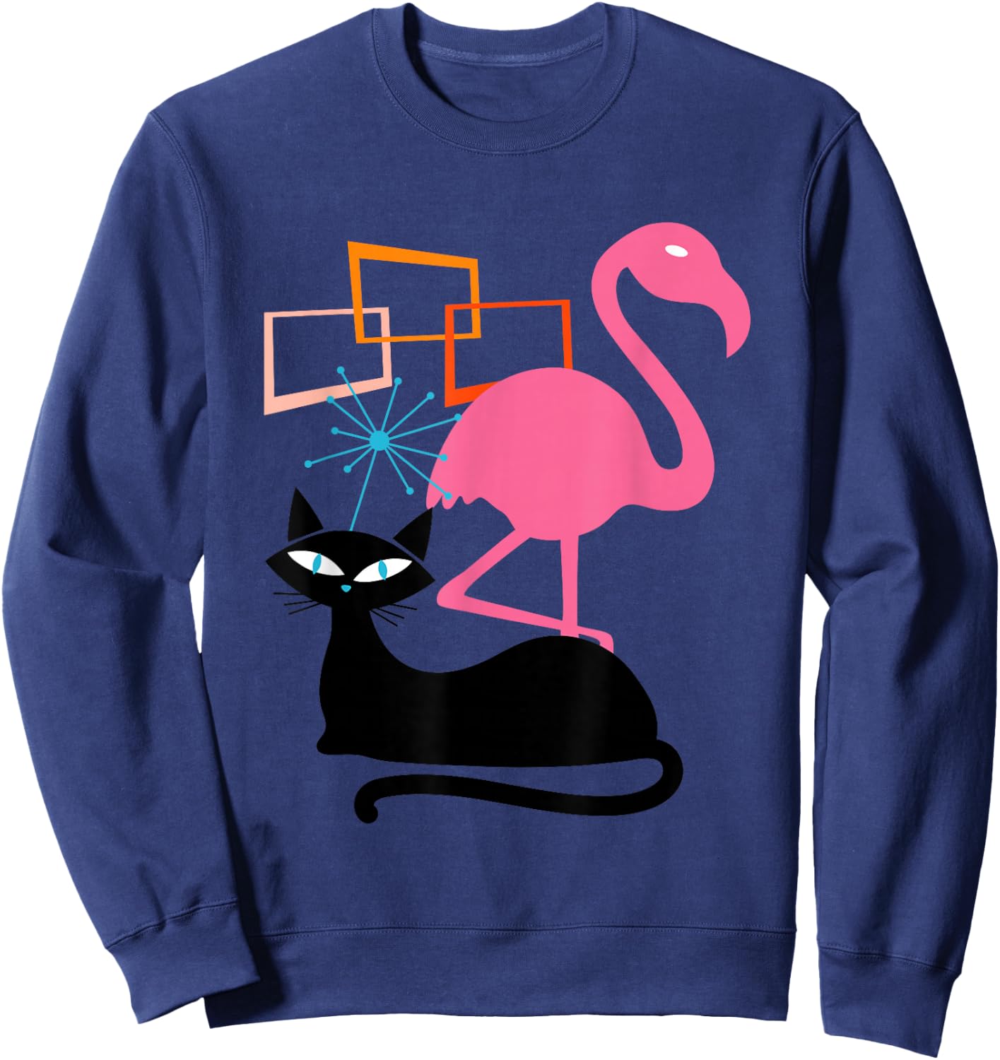 Flamingo and Cat Midcentury Mid Century Stardust Modern Sweatshirt - Sweatshirt | Navy