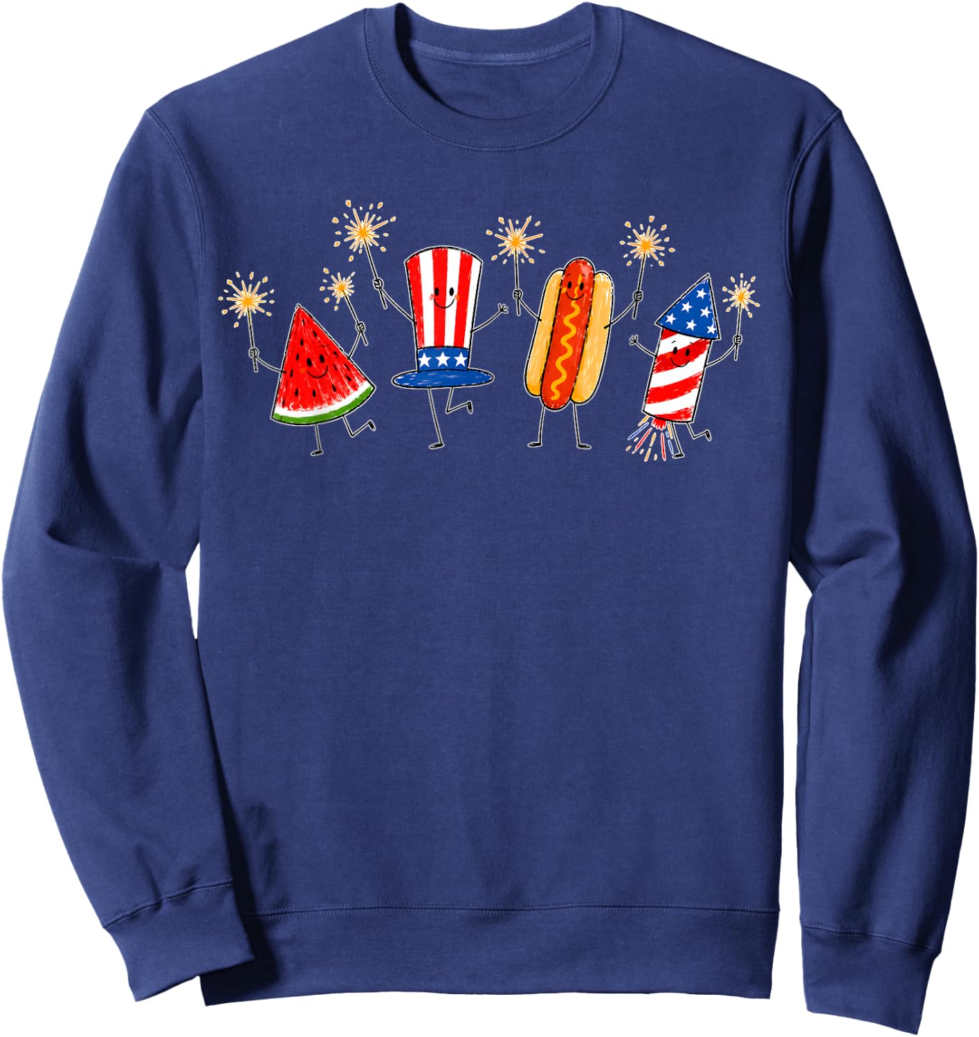 Fourth of July Patriotic Doodle Watermelon Hotdog Firework Sweatshirt - Sweatshirt | Navy