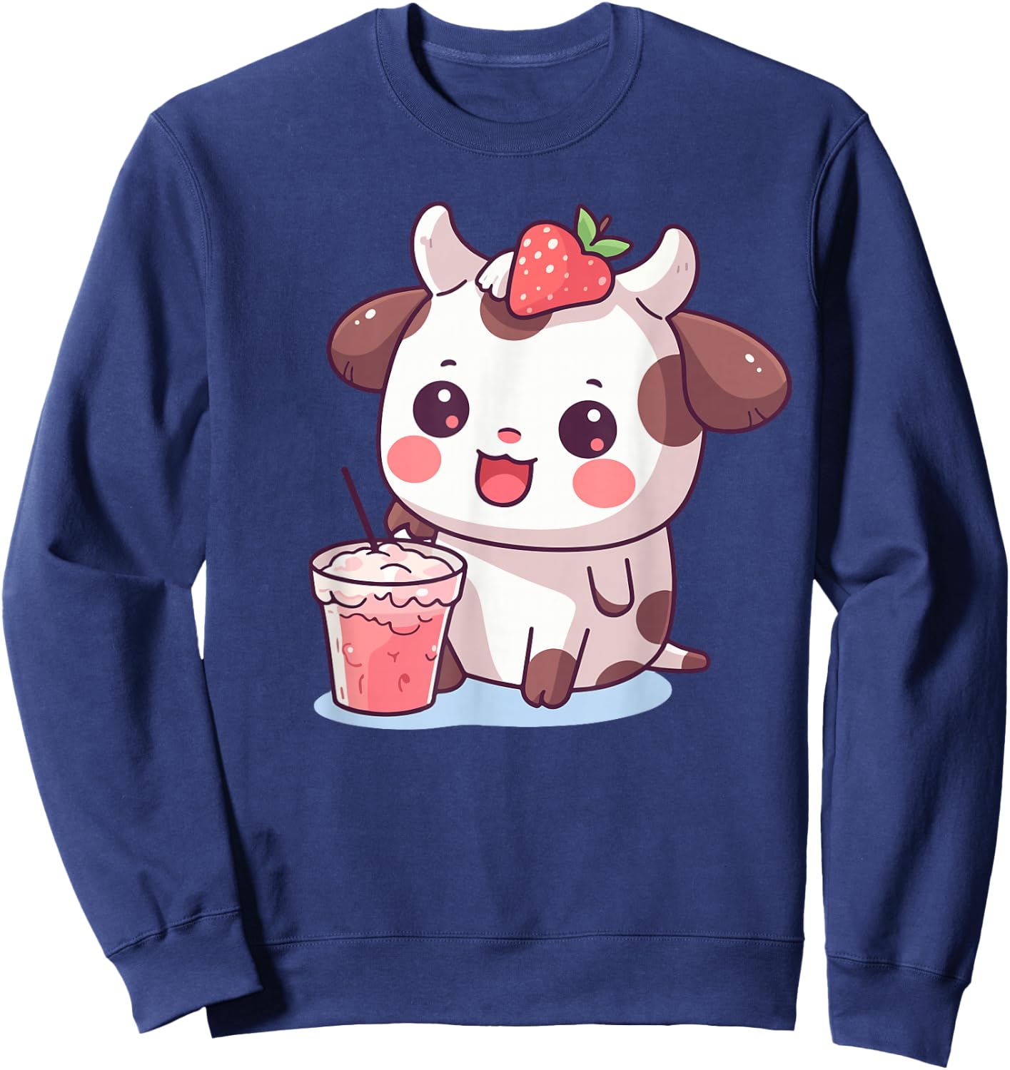 Cow Print Strawberry Milk Kids Toddler Teen Girl Cute Kawaii Sweatshirt - Sweatshirt | Navy