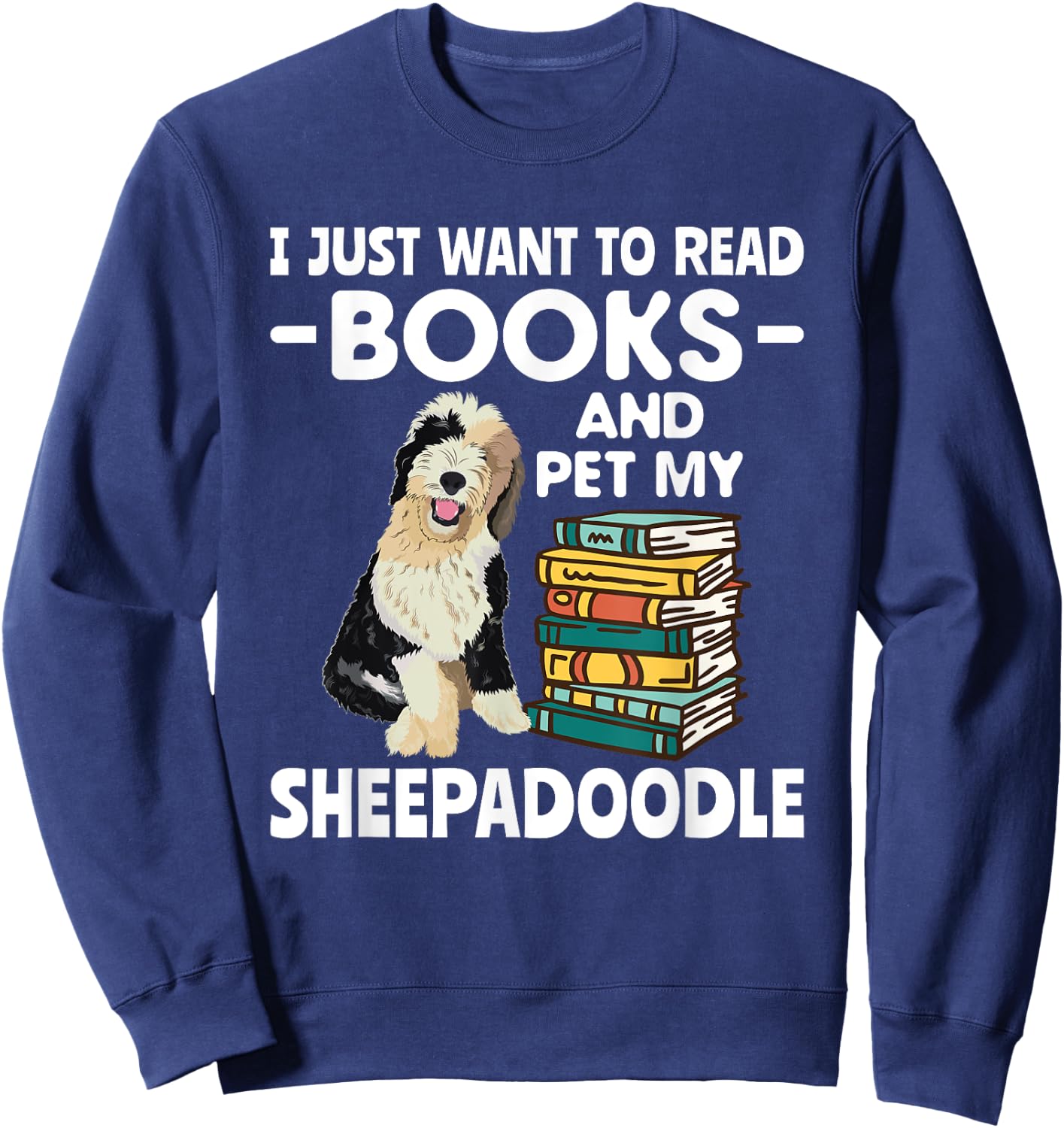 Books Reading Doodle Dog Sheepadoodle Sweatshirt - Sweatshirt | Navy