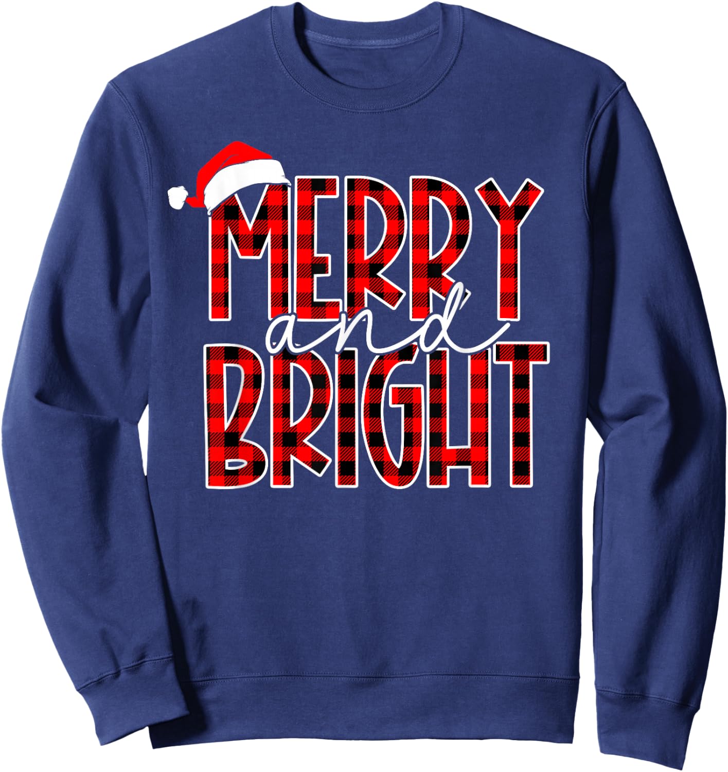 Merry and Bright Buffalo Plaid Red Santa Hat Christmas Xmas Sweatshirt - Sweatshirt | Navy