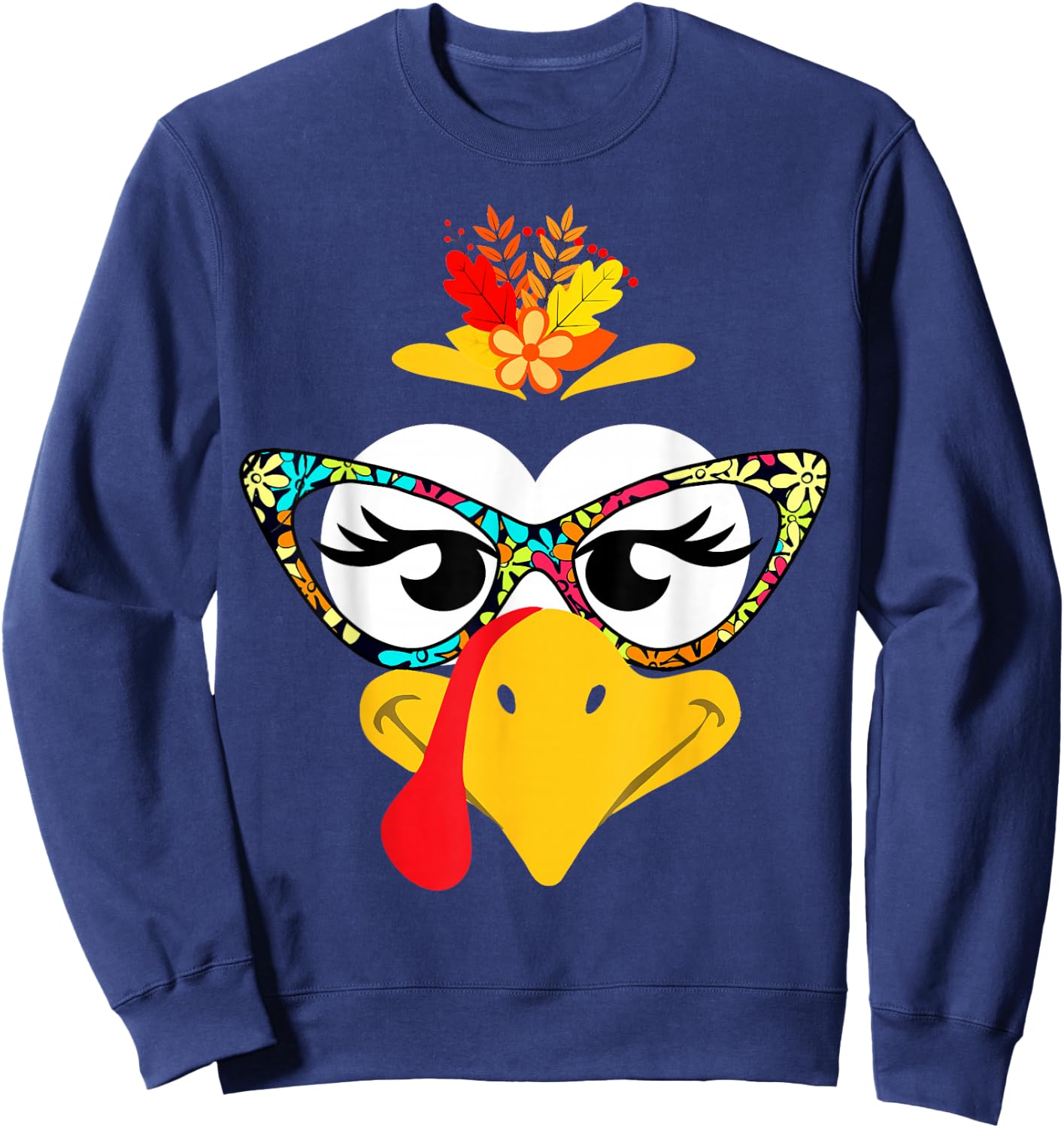 Thanksgiving Funny Turkey Face Colorful Floral Sunglasses Sweatshirt - Sweatshirt | Navy