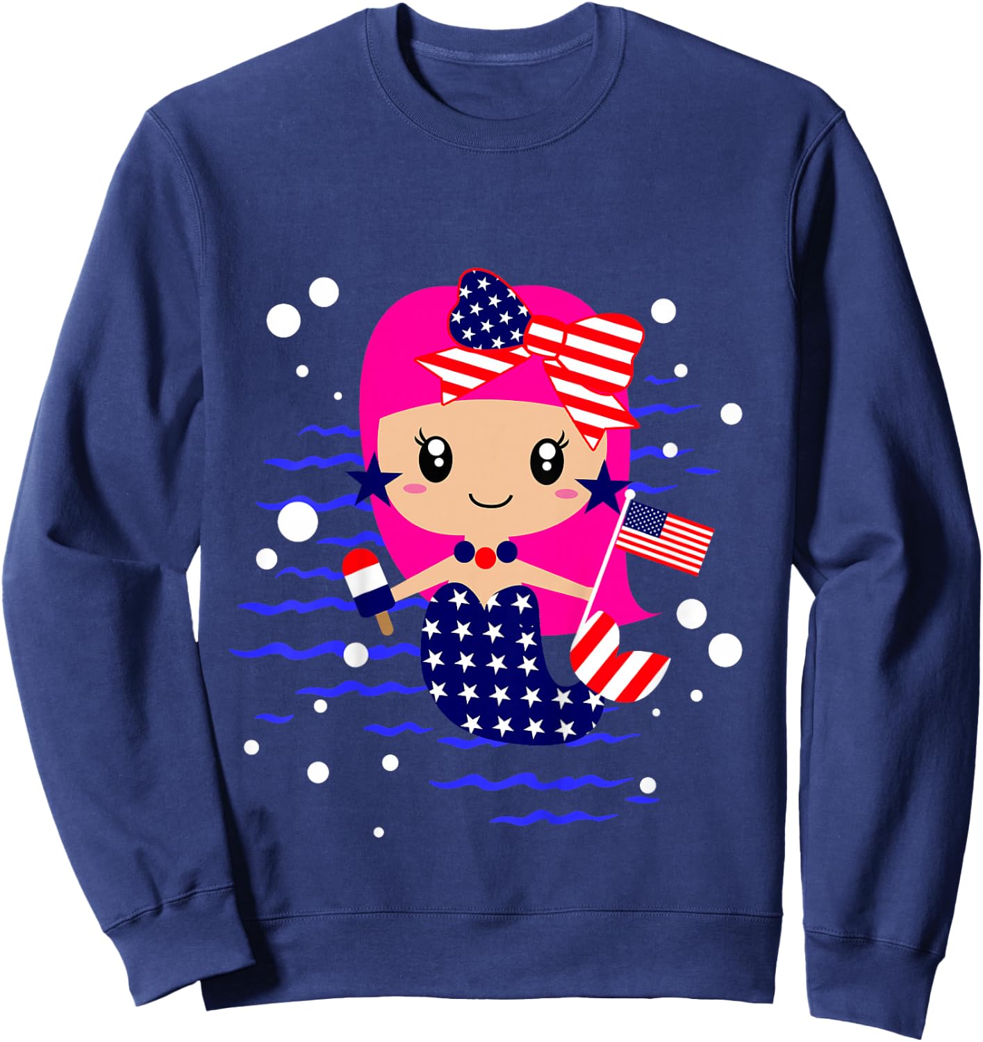 Girls 4th of July Cute Mermaid Toddler Patriotic Baby Flag Sweatshirt - Sweatshirt | Navy