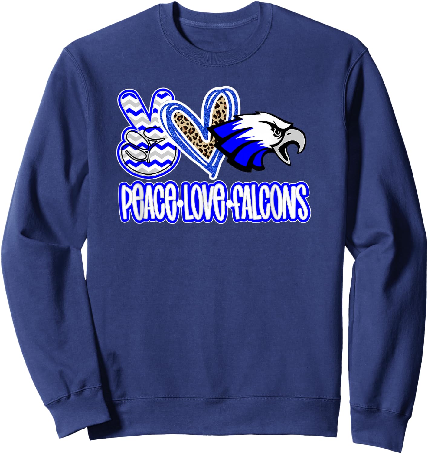 Peace Love Falcons School Spirit Blue White Falcons Mom Sweatshirt - Sweatshirt | Navy