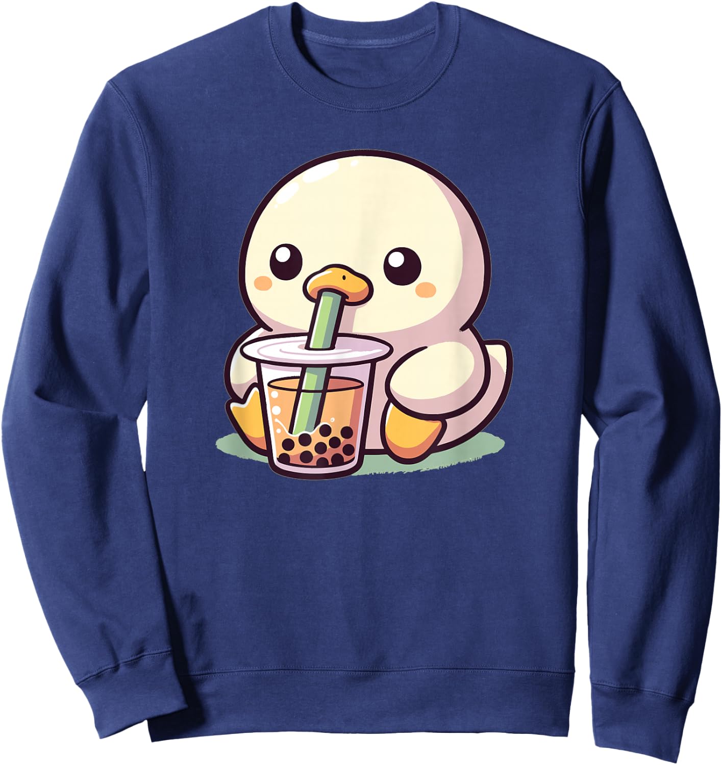 Discover Animal Designs In Kawaii Style Here Women's Kawaii Duck Bubble Tea Boba Duck Black Small Regular Fit Short Sleeve Cotton 65% Polyester 35% Sweatshirt - Sweatshirt | Navy