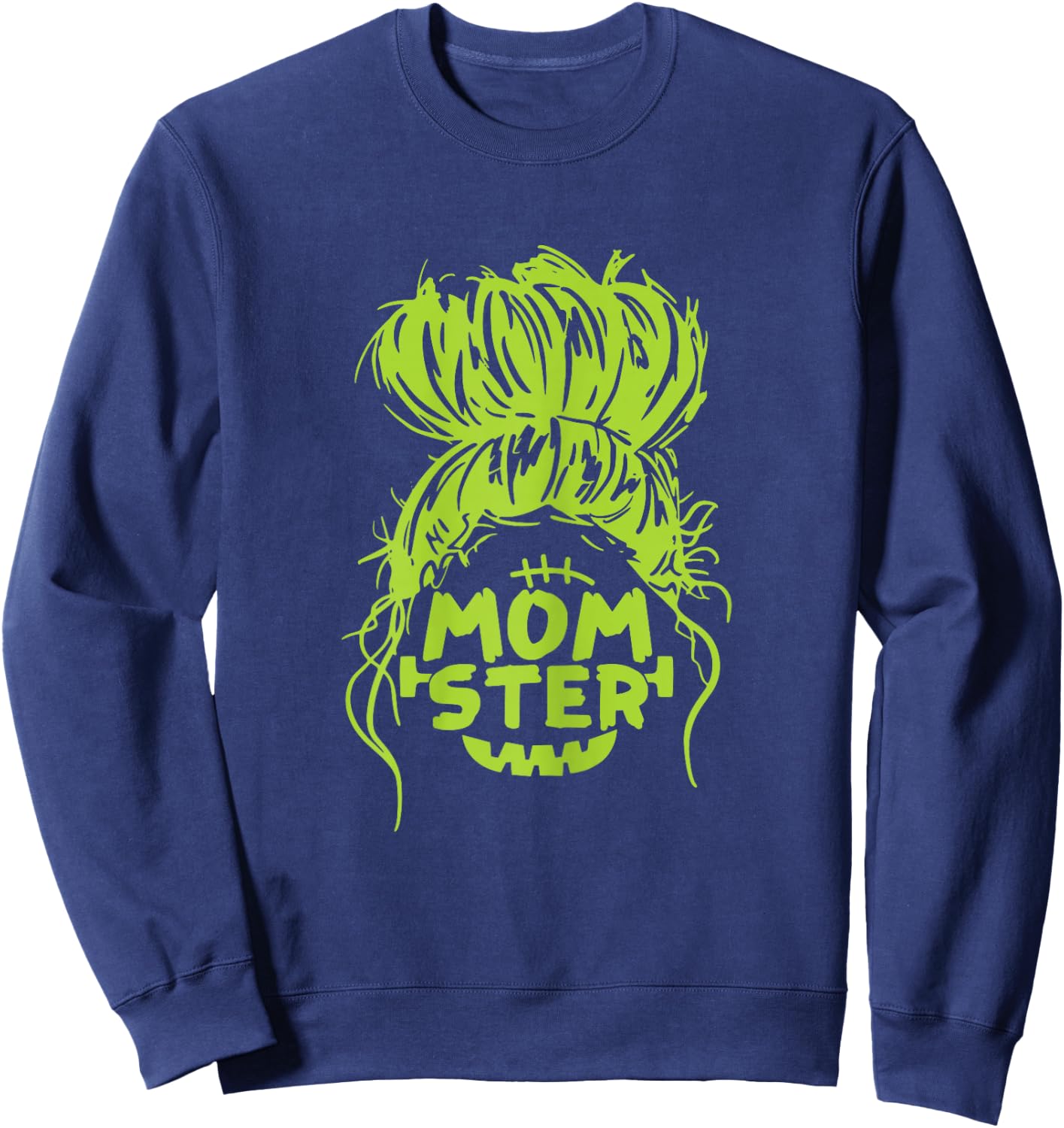 Momster Halloween Costume Funny Skull Mom Messy Hair Bun Sweatshirt - Sweatshirt | Navy