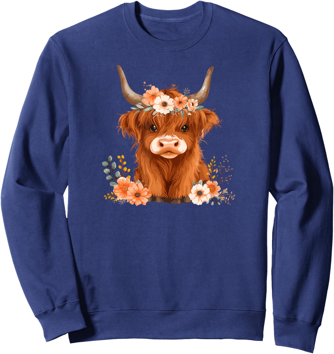 Highland Cow Cattle Flower Floral Crown Watercolor Sweatshirt - Sweatshirt | Navy