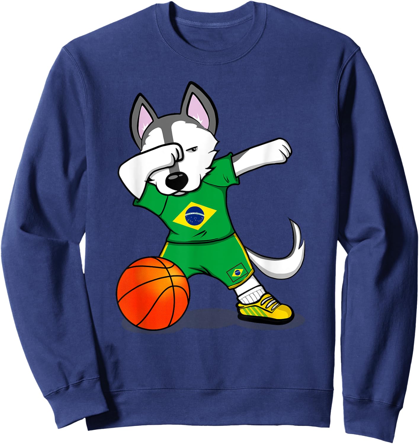 Dabbing Husky Brazil Basketball Fans Jersey Brazilian Flag Sweatshirt - Sweatshirt | Navy