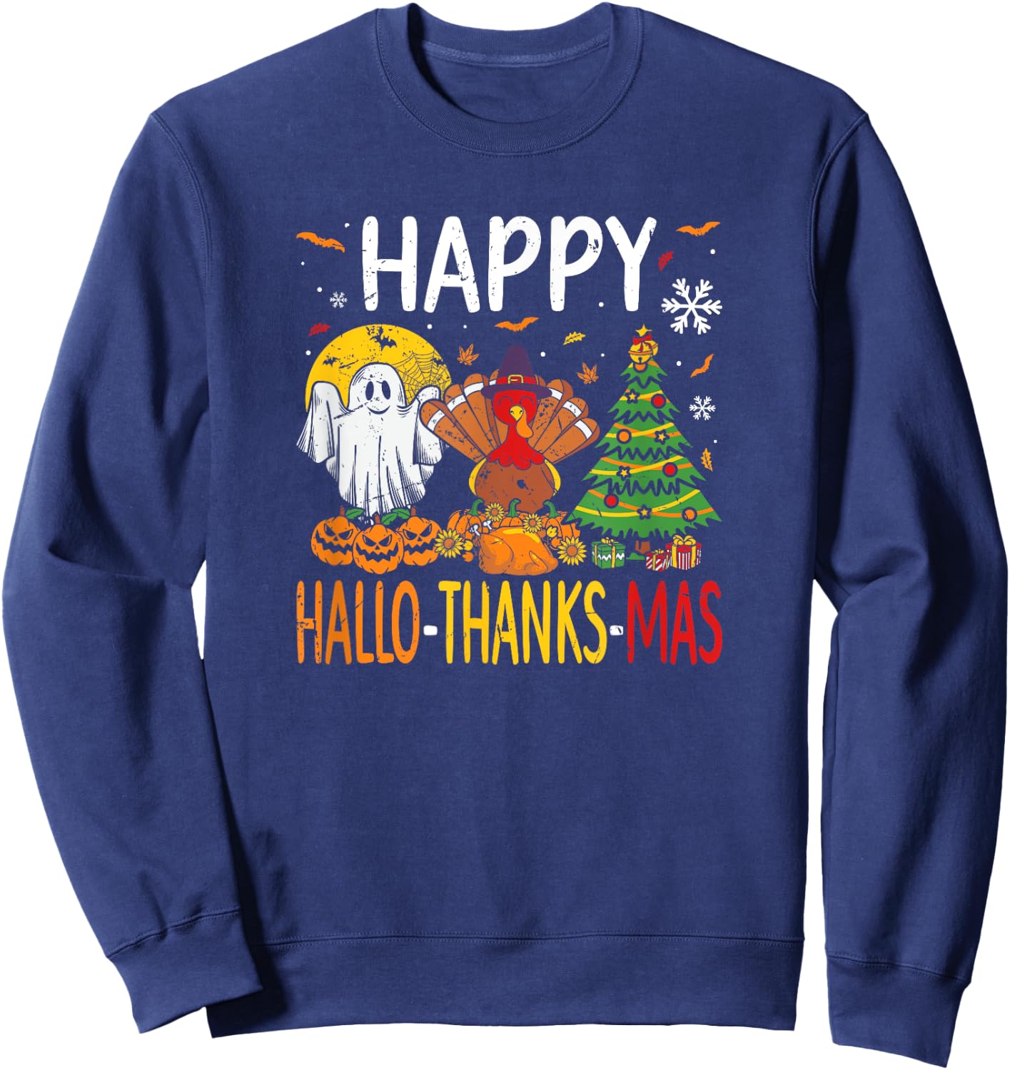 Hallothanksmas Halloween Thanksgiving Christmas Sweatshirt - Sweatshirt | Navy