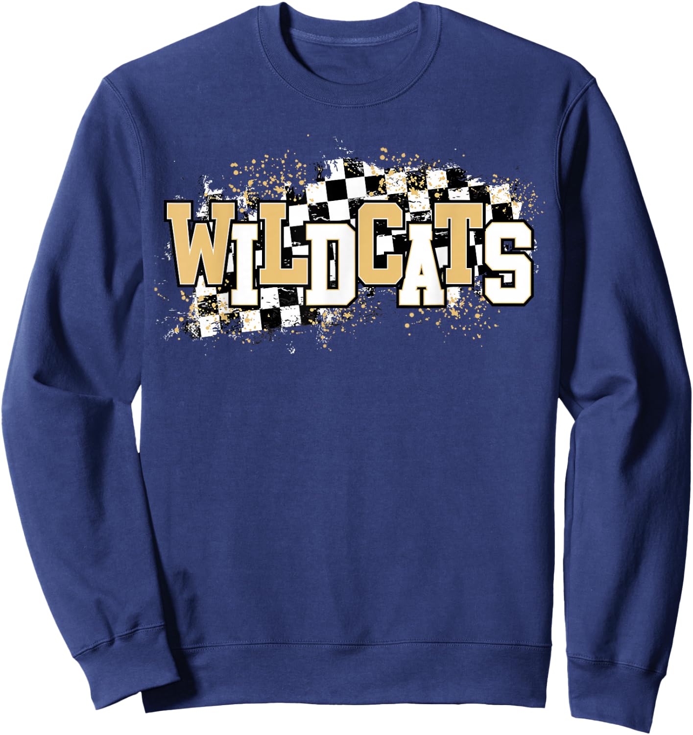Wildcats Checkered Print Gold Wildcat Pride mascot school Sweatshirt - Sweatshirt | Navy