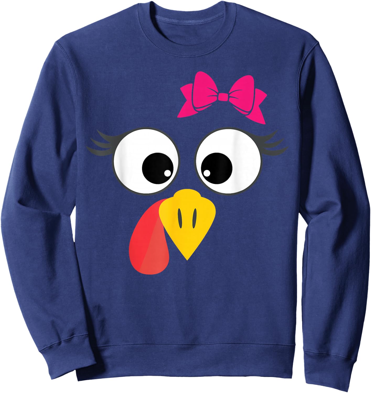 Turkey Face Girl Cute Bow Thanksgiving Sweatshirt - Sweatshirt | Navy
