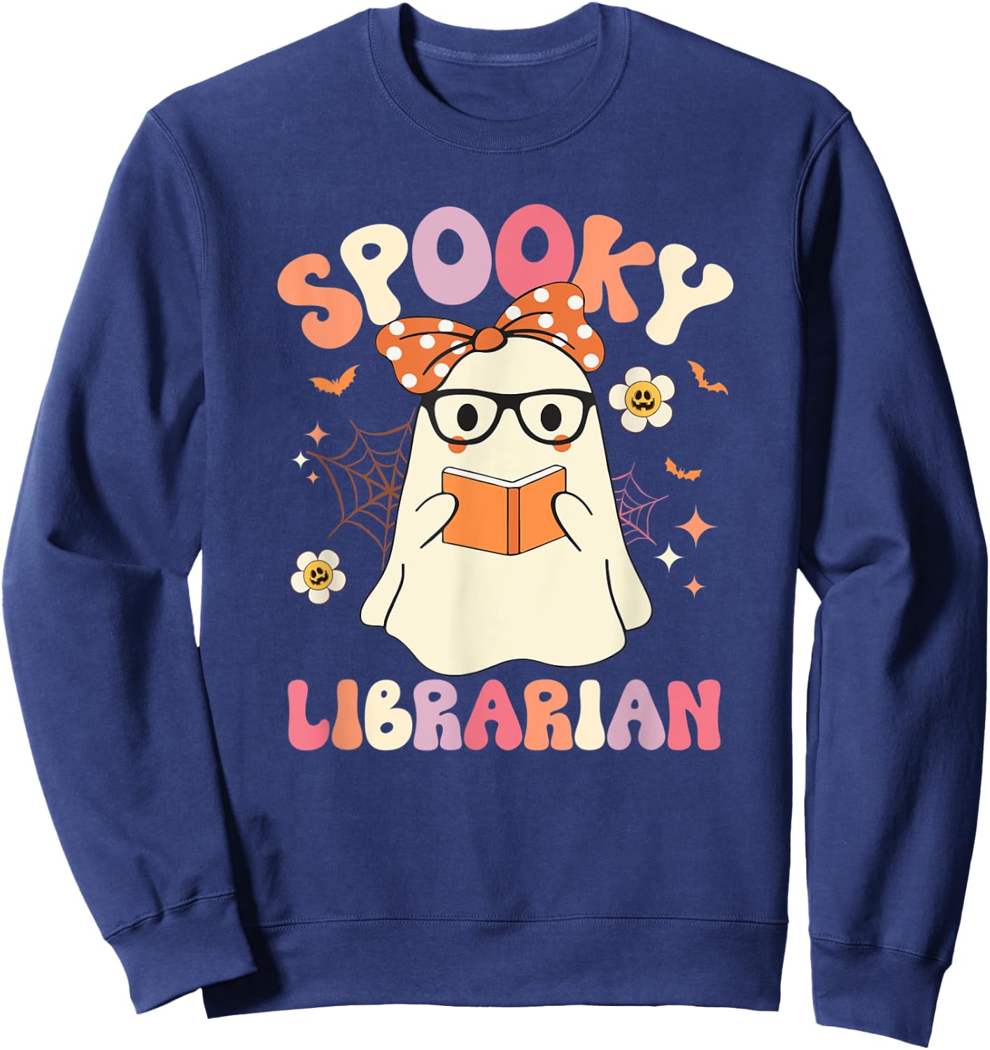 Groovy Spooky Librarian Ghost Vintage Halloween Costume Sweatshirt - Sweatshirt | Navy