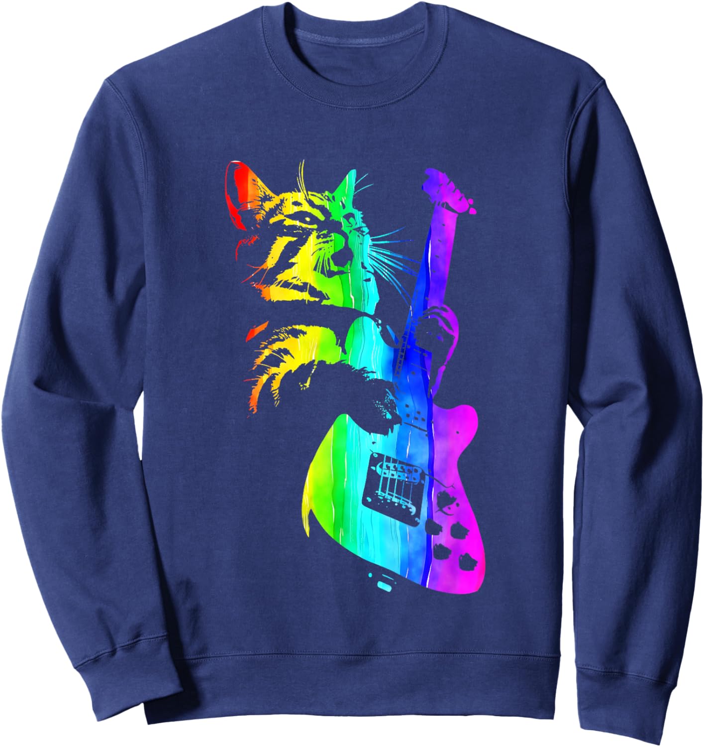 Funny HOUSE CAT Rainbow DJ Cat Kitty Rock Cat Playing Guitar Sweatshirt - Sweatshirt | Navy