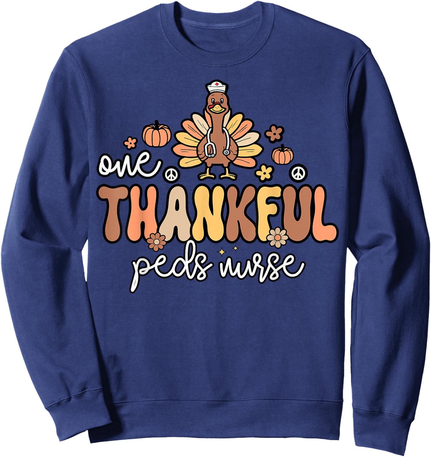 Thankful Peds Nurse Groovy Thanksgiving Turkey Pediatric Sweatshirt - Sweatshirt | Navy