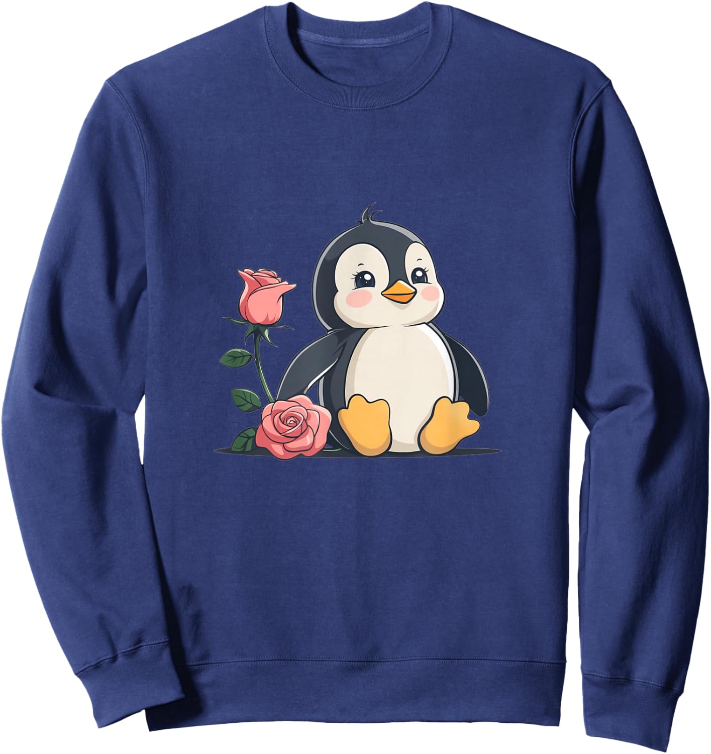 Cute Penguin with Rose Animal Illustration Sweatshirt - Sweatshirt | Navy