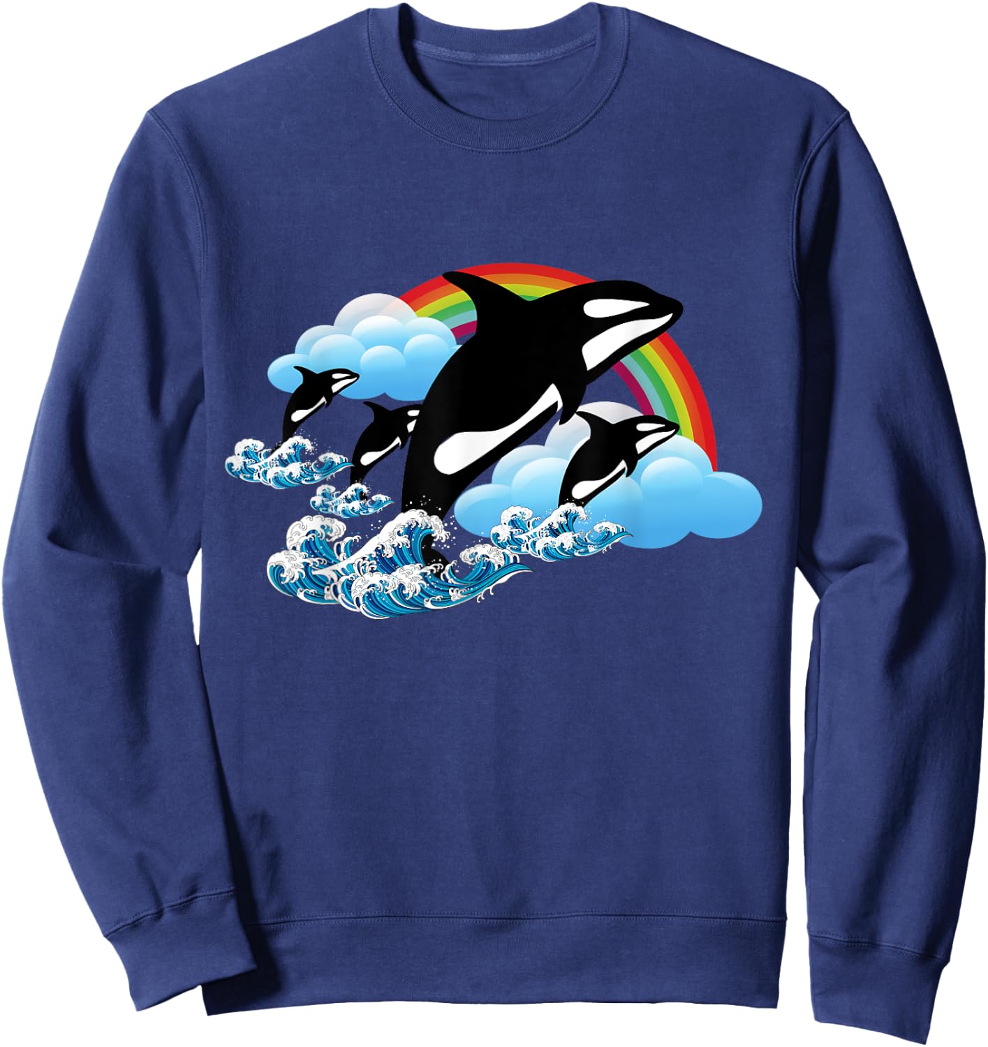 Killer Orca Whale Family Jumping Over Rainbow - Funny Sweatshirt - Sweatshirt | Navy