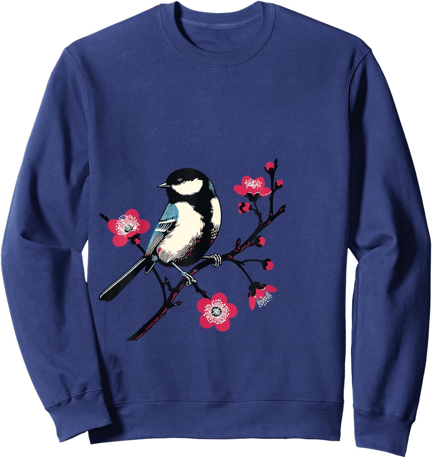 Bird on Branch with Flowers Nature Art for Bird Lovers , Blue, S Sweatshirt - Sweatshirt | Navy