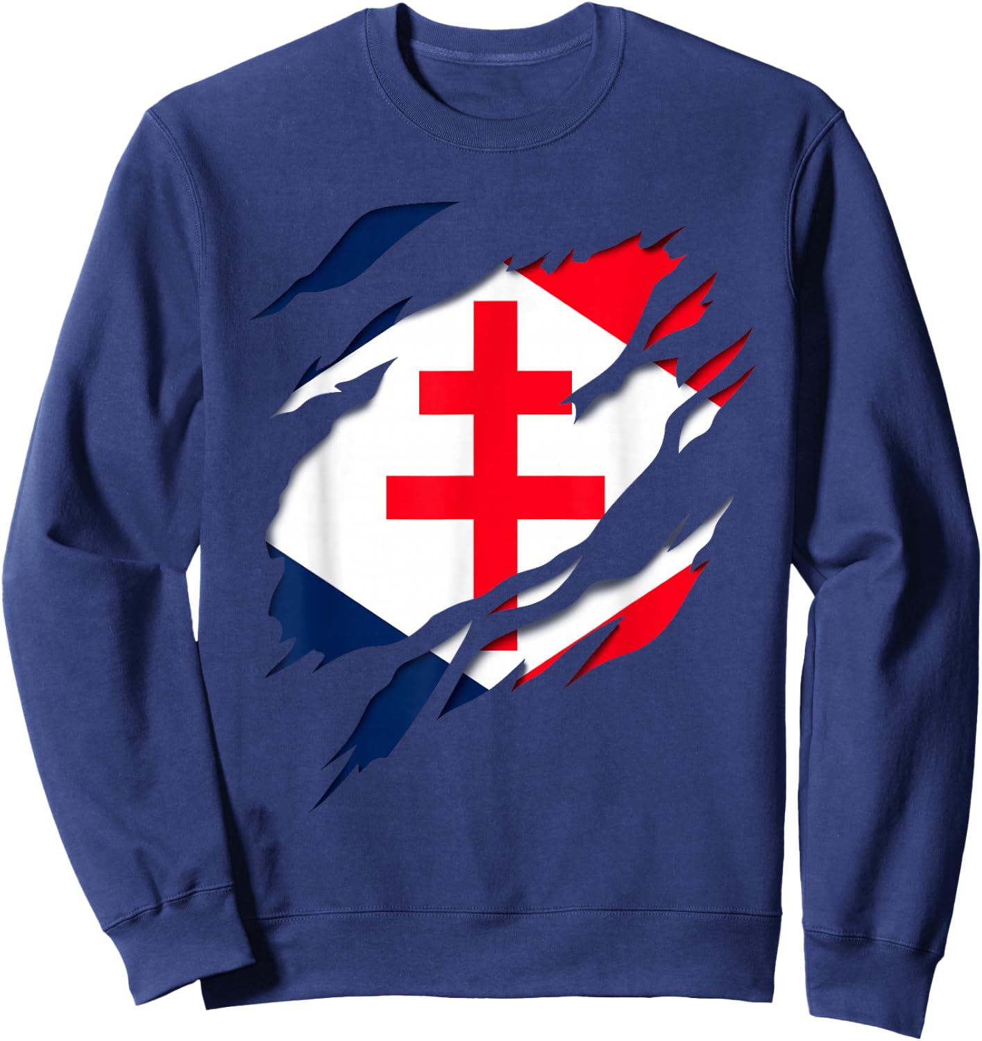 Gaullism Flag Cross of Lorraine Torn 3D Effect France , Black, S Sweatshirt - Sweatshirt | Navy