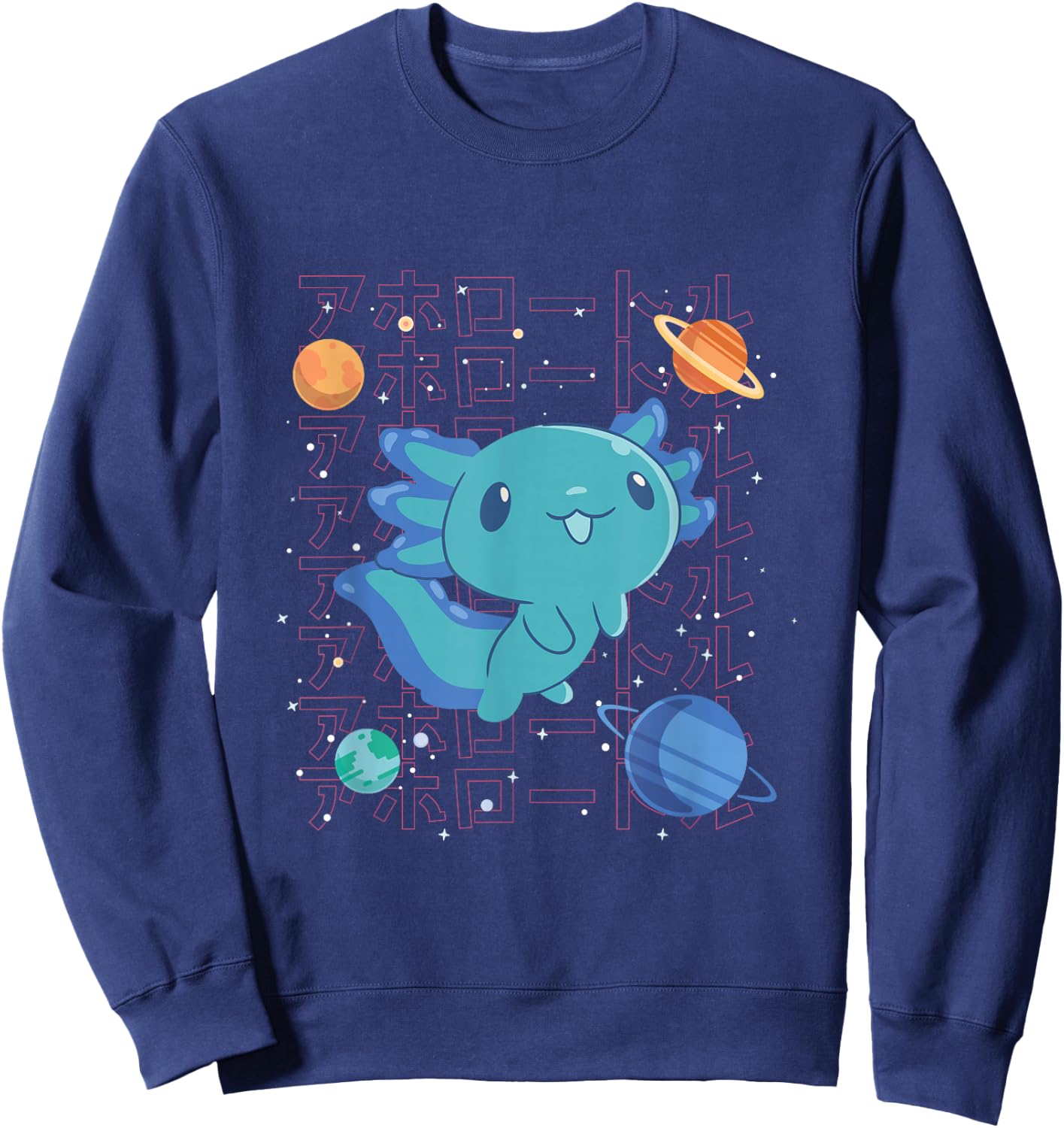 Kawaii Axolotl in Space with Planets Cute Japanese Science Sweatshirt - Sweatshirt | Navy