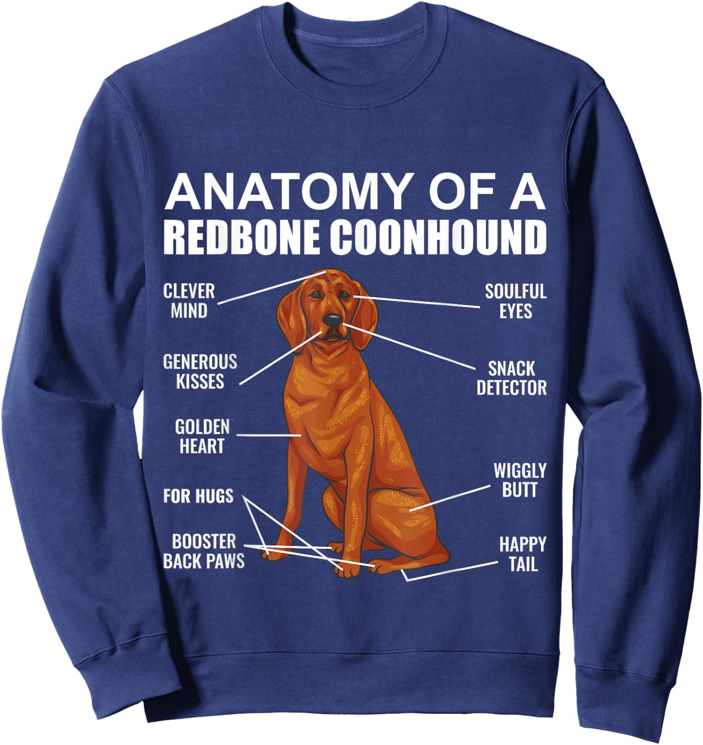 Redbone Coonhound, Anatomy Of A Redbone Coonhound , Black Sweatshirt - Sweatshirt | Navy