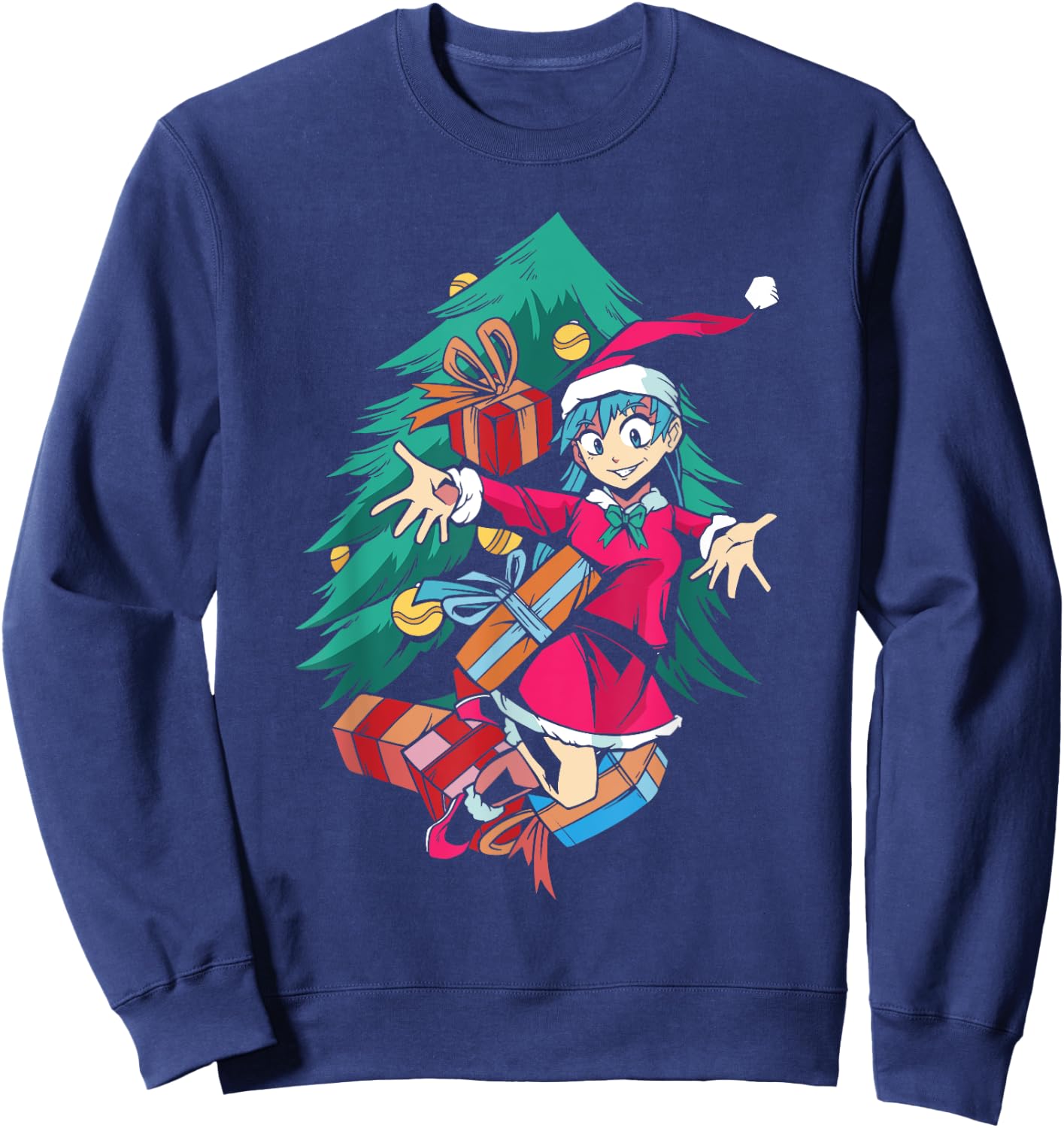 Anime Girl Santa Hat Christmas Pajama Cute Kawaii Xmas Otaku Sweatshirt - Sweatshirt | Navy