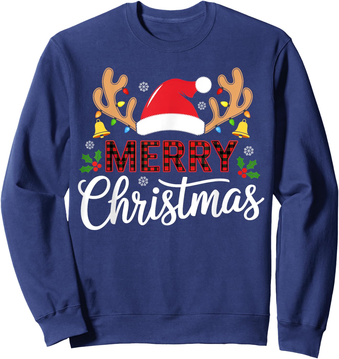 Merry Christmas Buffalo Plaid Funny Xmas Men Women Family Sweatshirt - Sweatshirt | Navy